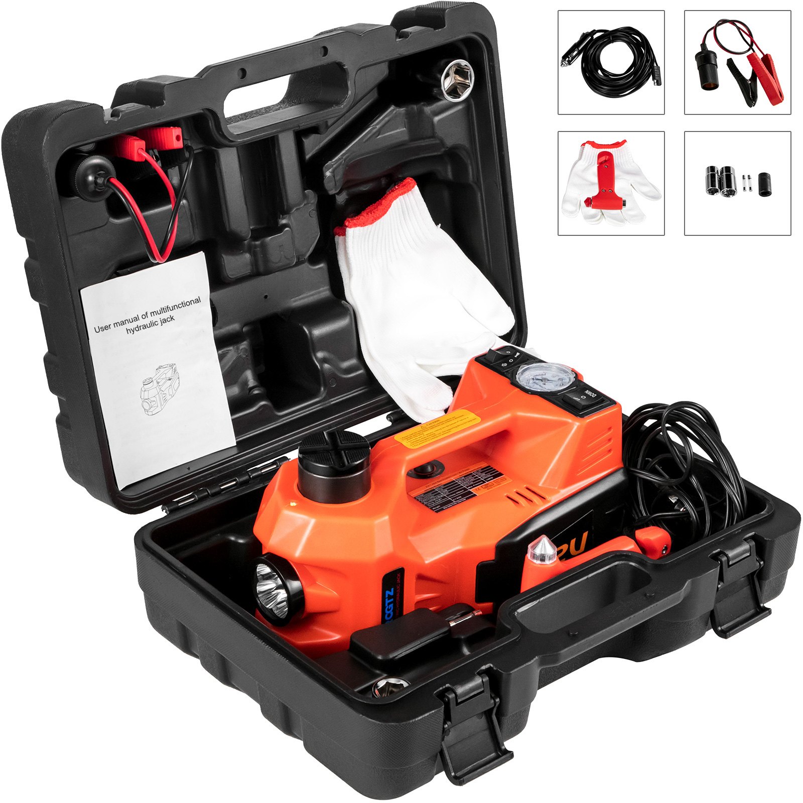 電気自動車用ジャッキ 電動ジャッキ 12V DC 5T（11023ポンド）、タイヤインフレーターポンプとLED懐中電灯付き