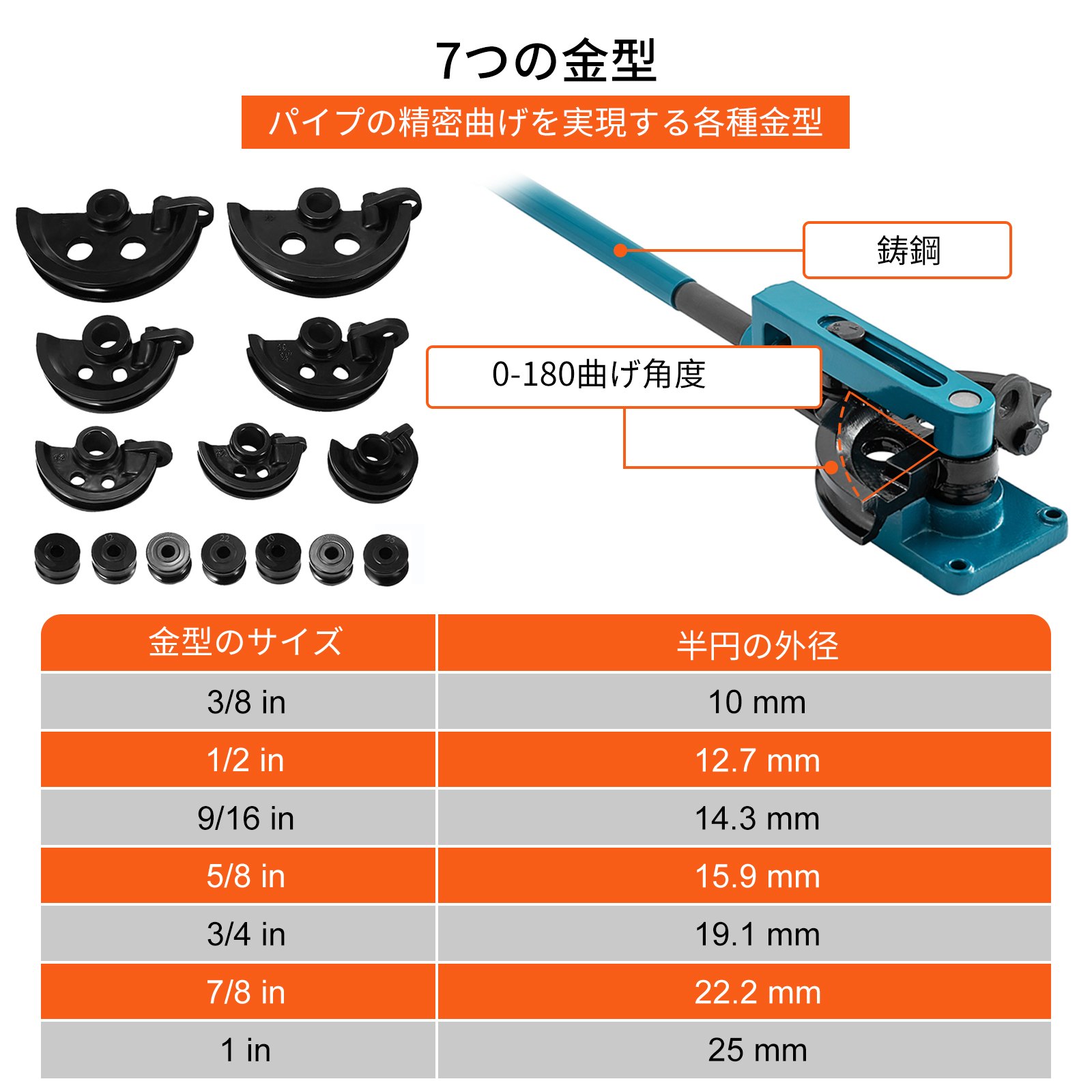 手動パイプチューブベンダーセット 手動パイプベンダーセット 9.5、12.7、14.3、15.9、19.1、22.2、25.4mm ダイ付き