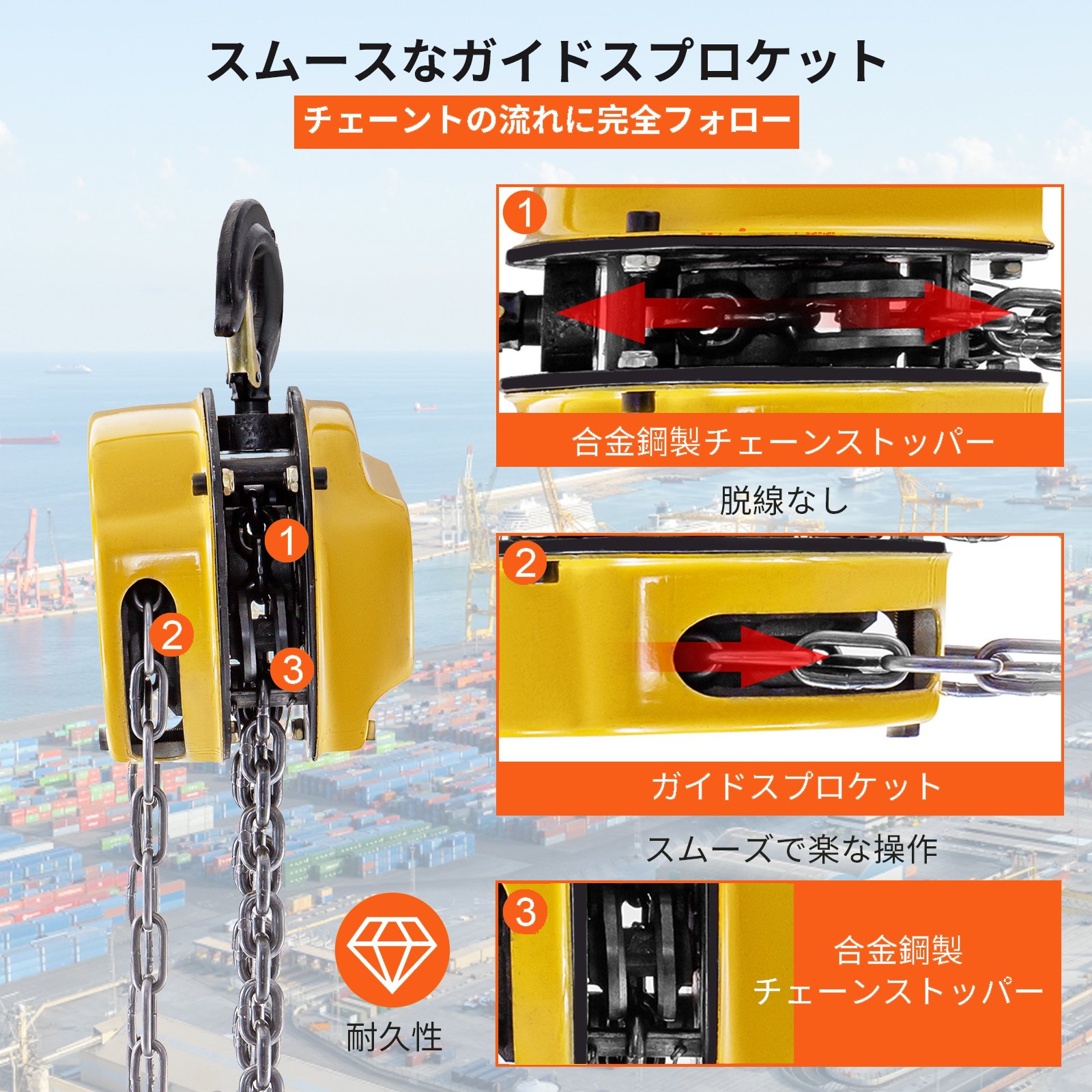 チェーンホイスト チェーンブロックホイスト 4400ポンド/2トン 手動チェーンブロック 3m牽引チェーン付き