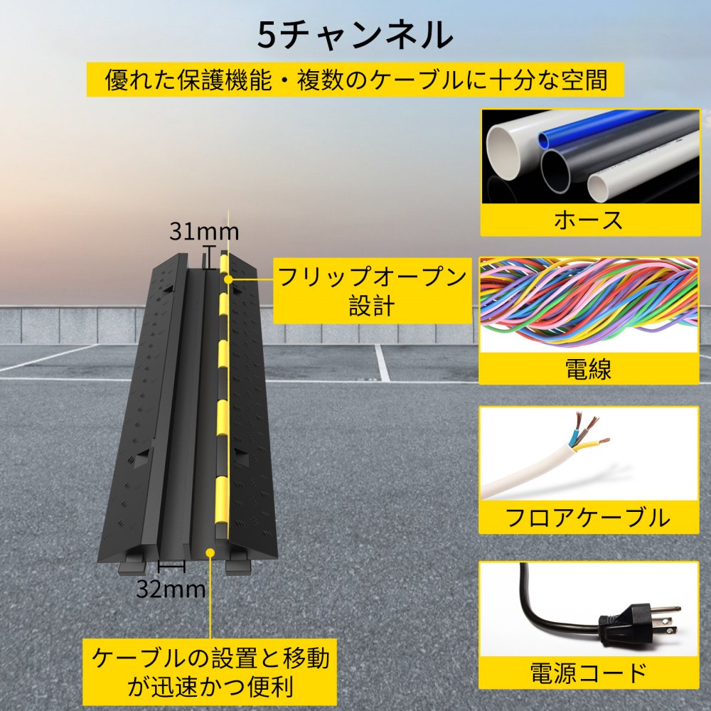 5チャンネル ゴムケーブルプロテクター 電線カバーランプ 倉庫 私道 30-40Tの耐荷重 35×20×2インチ