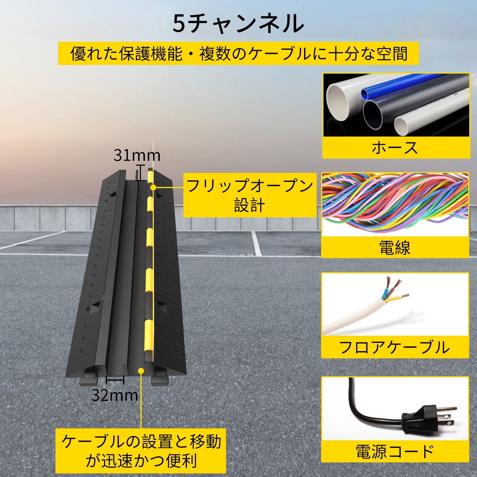 5チャンネル ゴムケーブルプロテクター 電線カバーランプ 倉庫 私道 30-40Tの耐荷重 35×20×2インチ