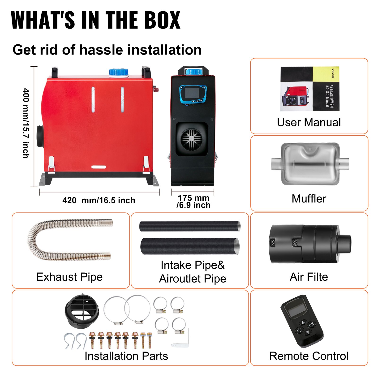 RV トラック用 12V 8KW ディーゼルエアヒーター（青いLCDスイッチと1つのエアアウトレット付き）