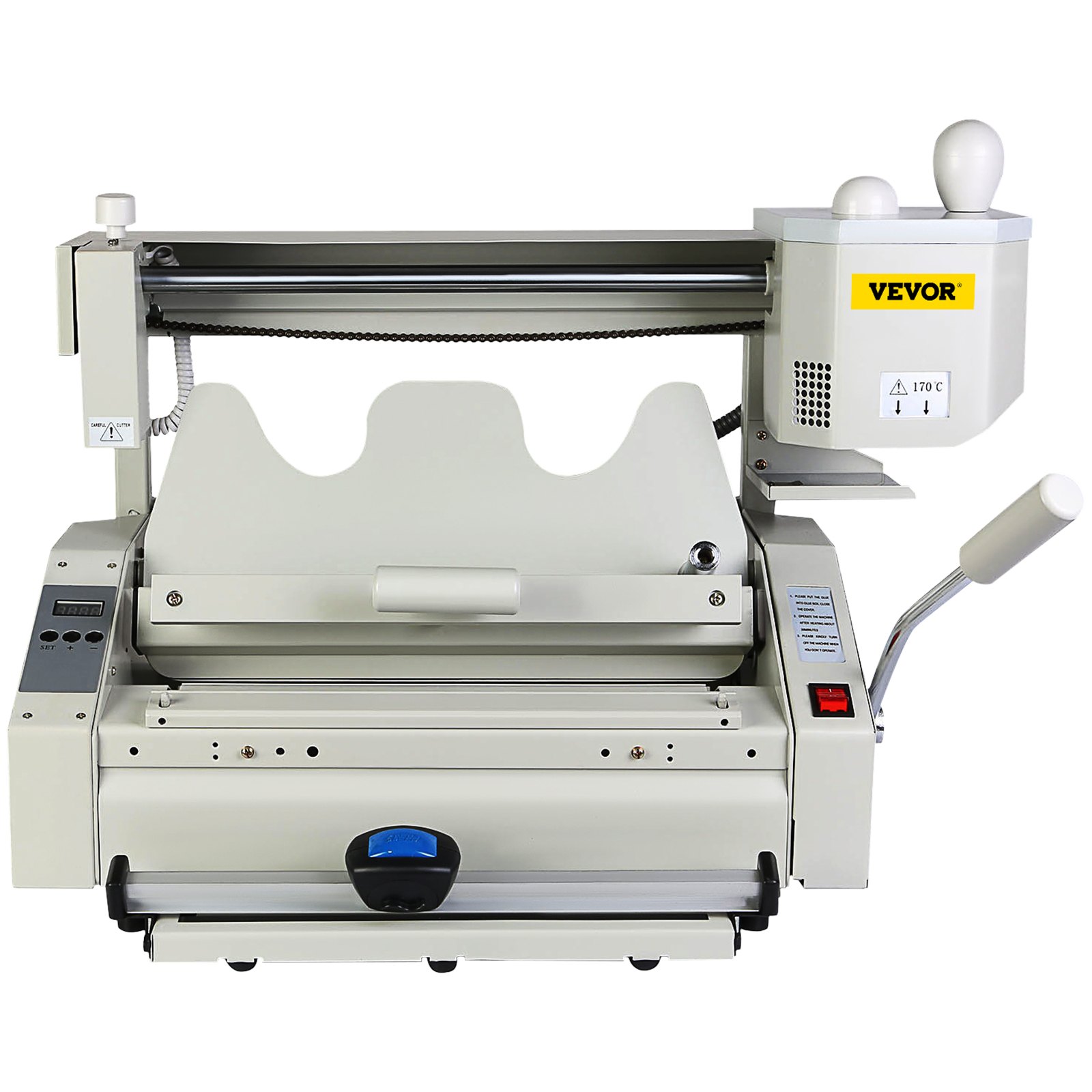 Máquina encuadernadora de libros con pegamento inalámbrica VEVOR, que muestra controles y elementos de calefacción.