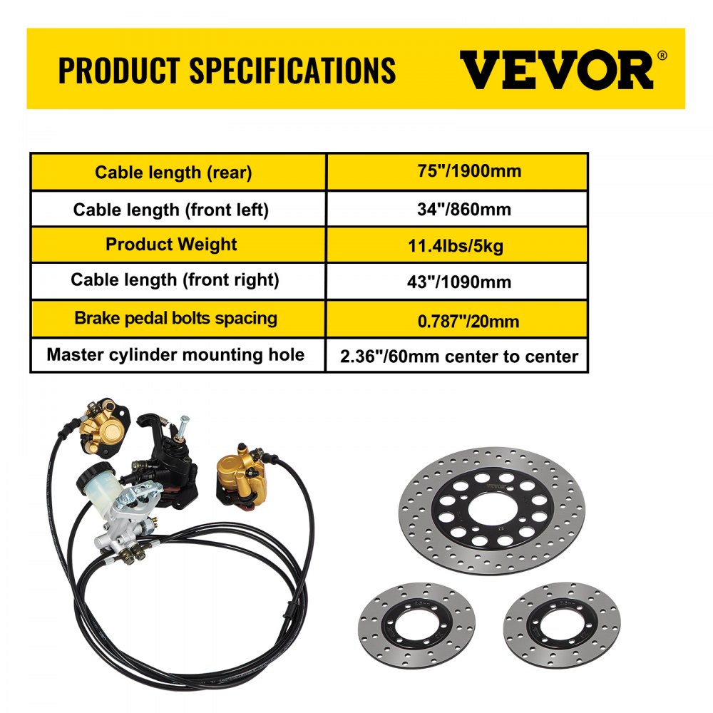 Se muestran las especificaciones y los componentes del kit de cilindro maestro de freno de kart VEVOR.