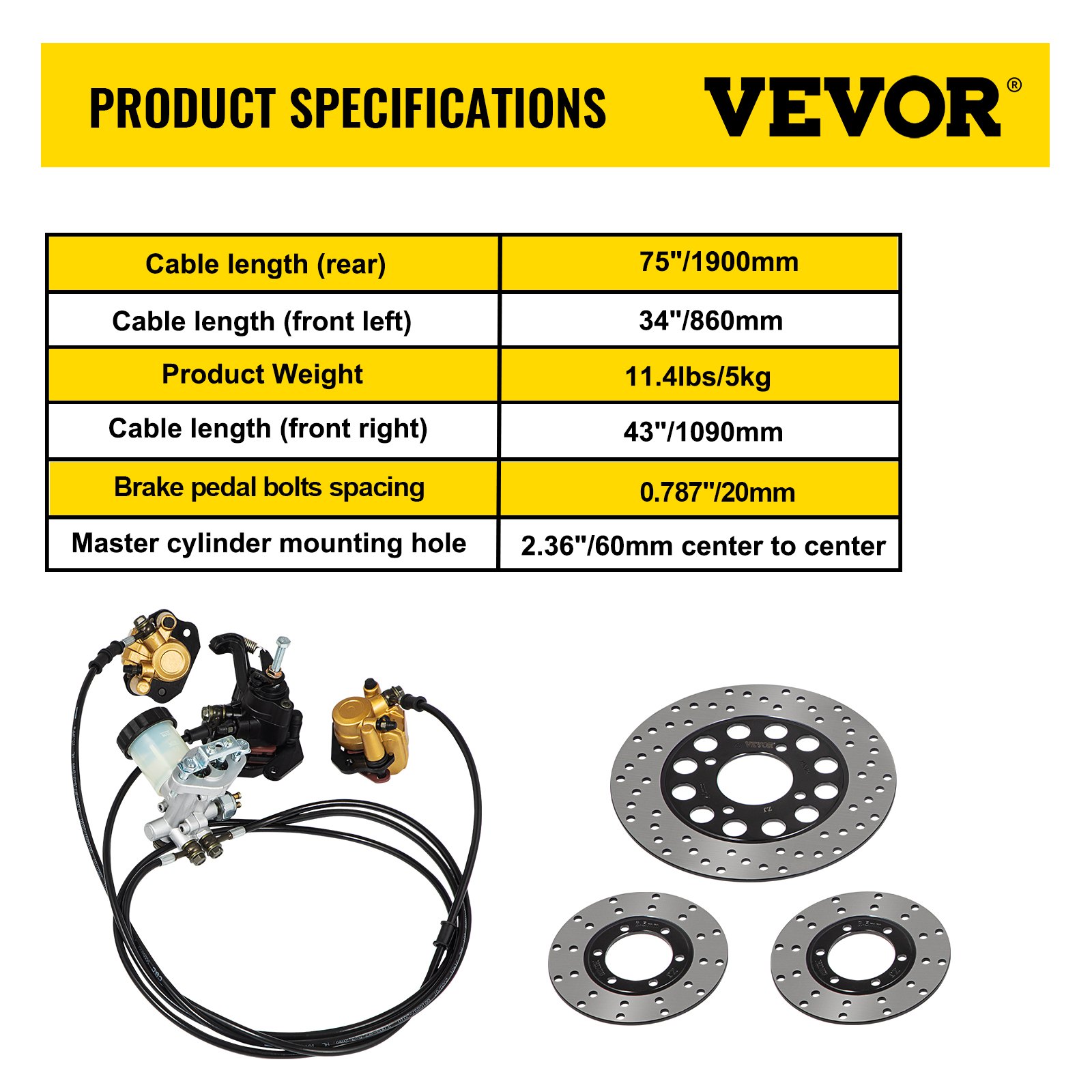 Se muestran las especificaciones y los componentes del kit de cilindro maestro de freno de kart VEVOR.