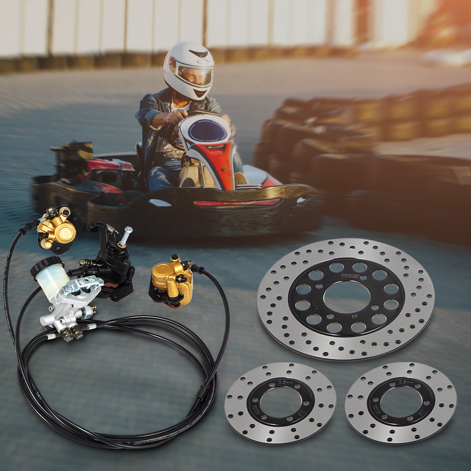 Kit de cilindro maestro de freno de kart VEVOR mostrado con un kart de fondo.