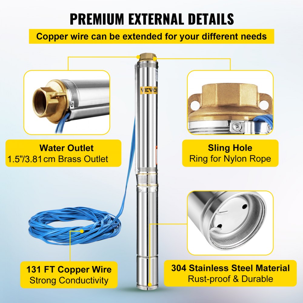 VEVOR Bomba Sumergible para Pozos Profundo de Acero Inoxidable 1,5 HP 390 FT 24 GPM con Caja de Control, Bomba de Agua con Cable de Conexión de 40 m, Bomba para Pozos 1,1 KW 2850 rpm Altura de 73 m