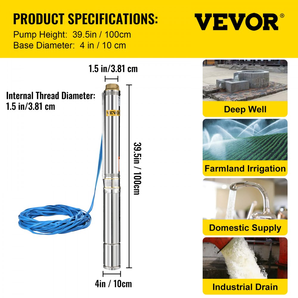 VEVOR Bomba Sumergible para Pozos Profundo de Acero Inoxidable 1,5 HP 390 FT 24 GPM con Caja de Control, Bomba de Agua con Cable de Conexión de 40 m, Bomba para Pozos 1,1 KW 2850 rpm Altura de 73 m