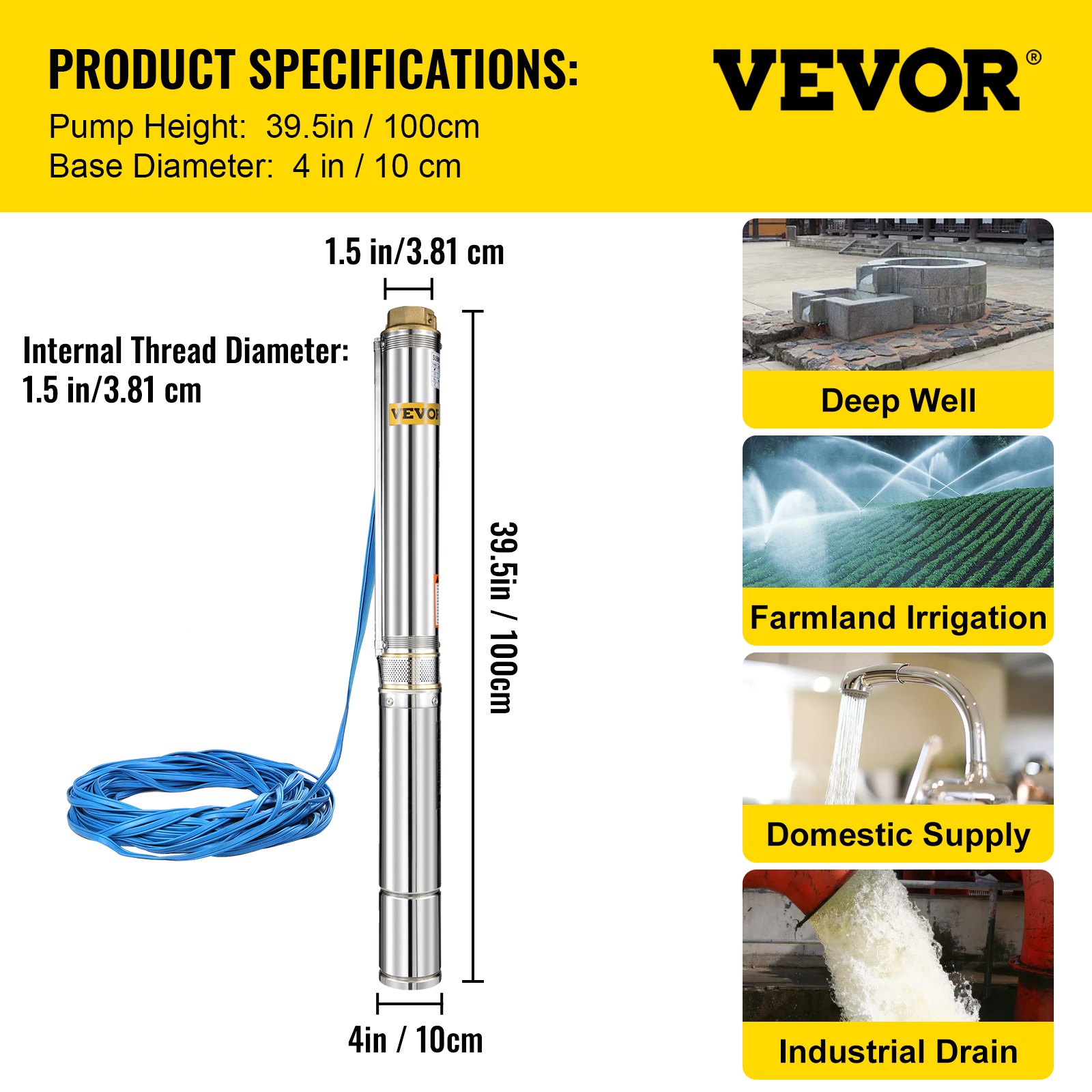 VEVOR Bomba Sumergible para Pozos Profundo de Acero Inoxidable 1,5 HP 390 FT 24 GPM con Caja de Control, Bomba de Agua con Cable de Conexión de 40 m, Bomba para Pozos 1,1 KW 2850 rpm Altura de 73 m
