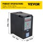 VEVOR vfd 1.5kw con dimensiones y controles mostrados.