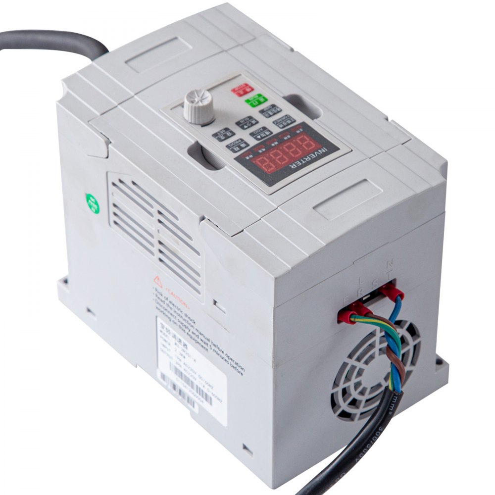 Caja de control para lijadora de banda VEVOR con pantalla y conexiones de cableado.