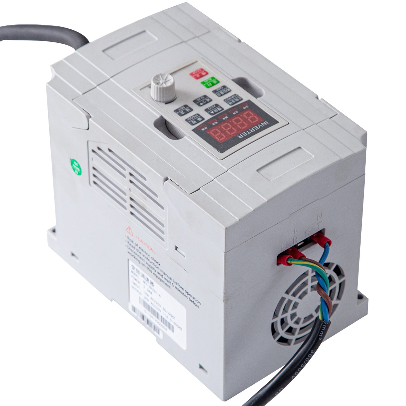 Caja de control para lijadora de banda VEVOR con pantalla y conexiones de cableado.
