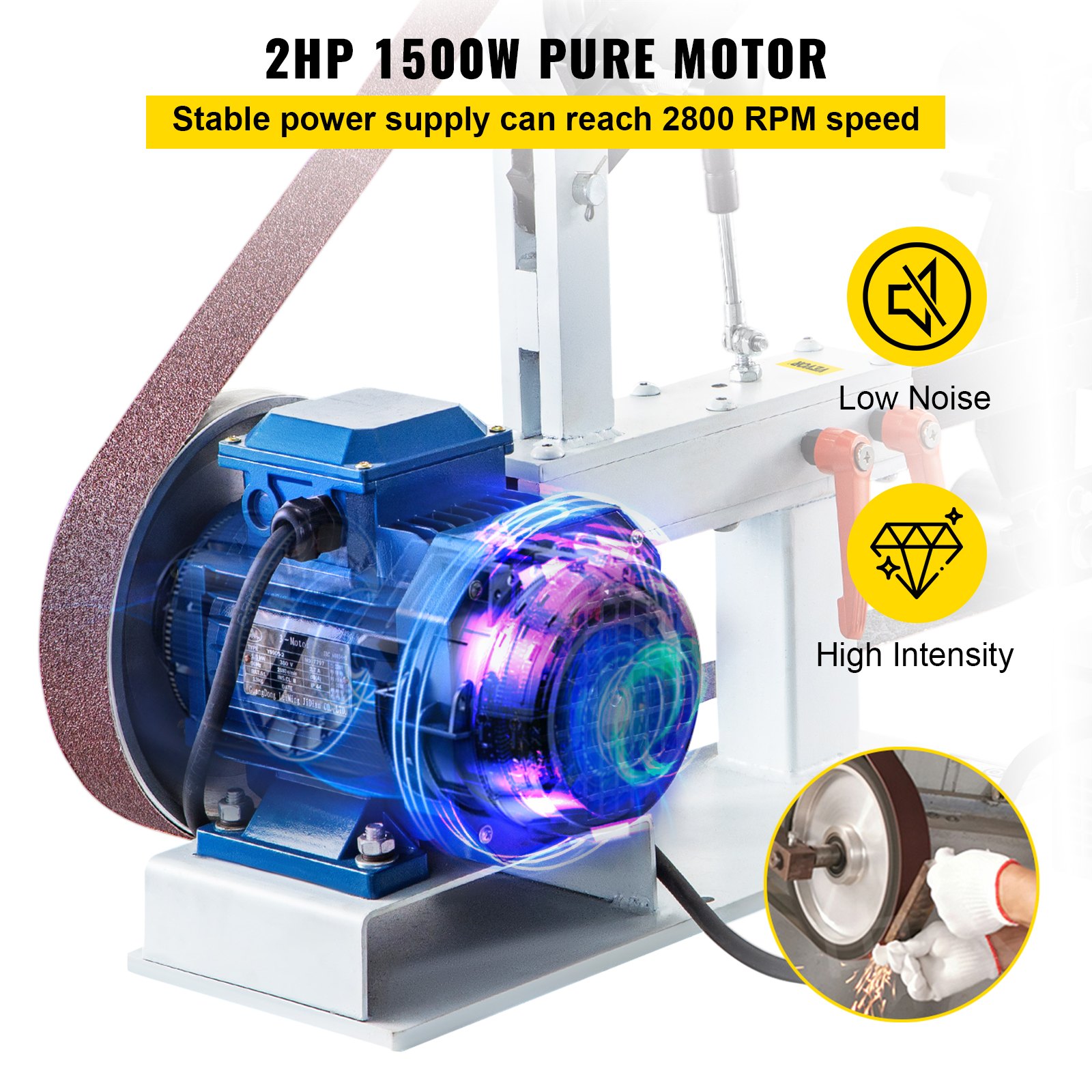 Lijadora de banda VEVOR de 1500 W y 2 HP, 5 x 208 cm, velocidad variable, para metalurgia, pulidora de banda 3 en 1 con 3 moldes de pulido y soporte de herramientas de placa plana para la fabricación de cuchillos.