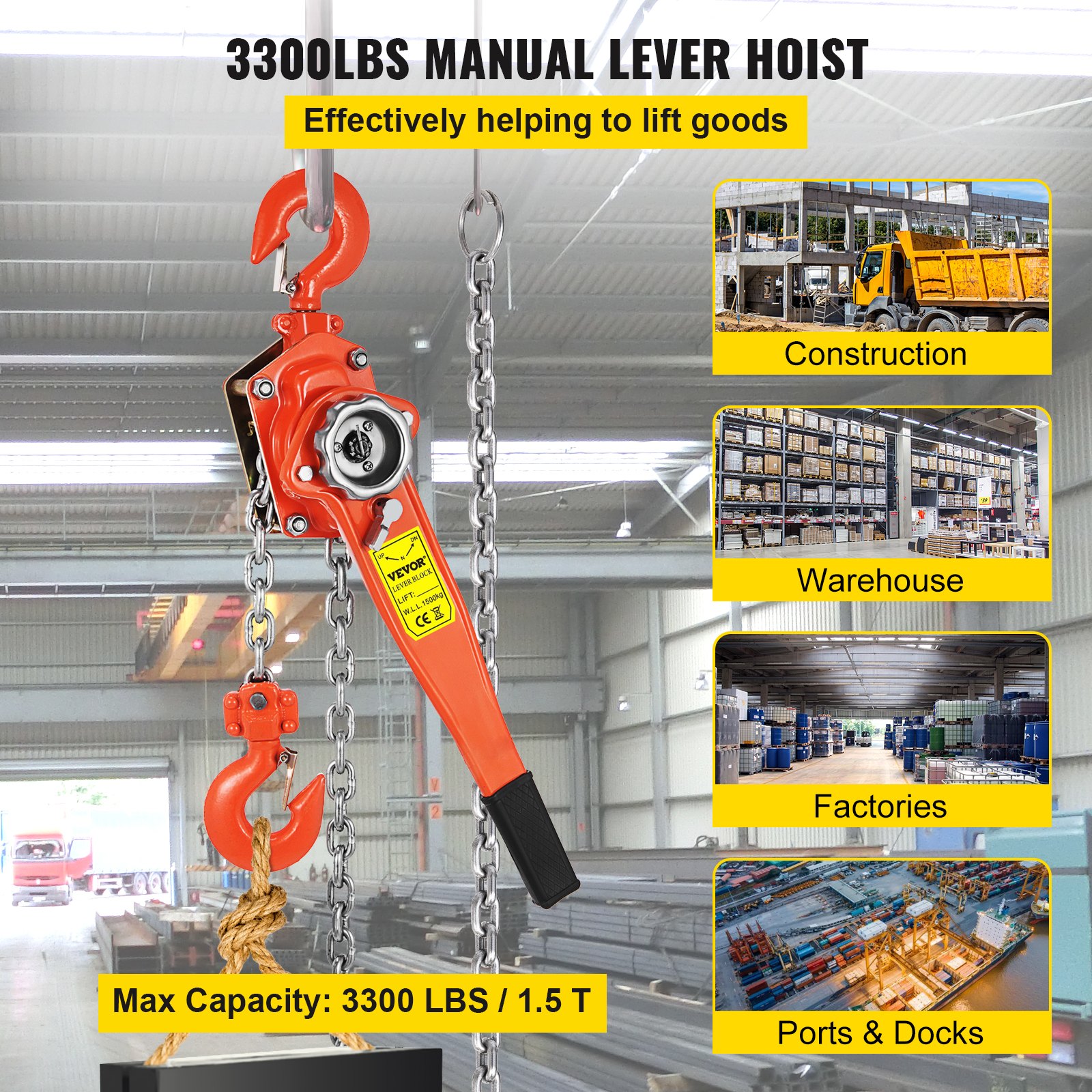 Polipasto de cadena de palanca manual VEVOR 3300 lbs, cadena de 10 pies, polipasto de cadena de trinquete de 1-1/2 toneladas, extractor de 5/16 pulgadas de diámetro, para zonas de construcción de garajes de almacén