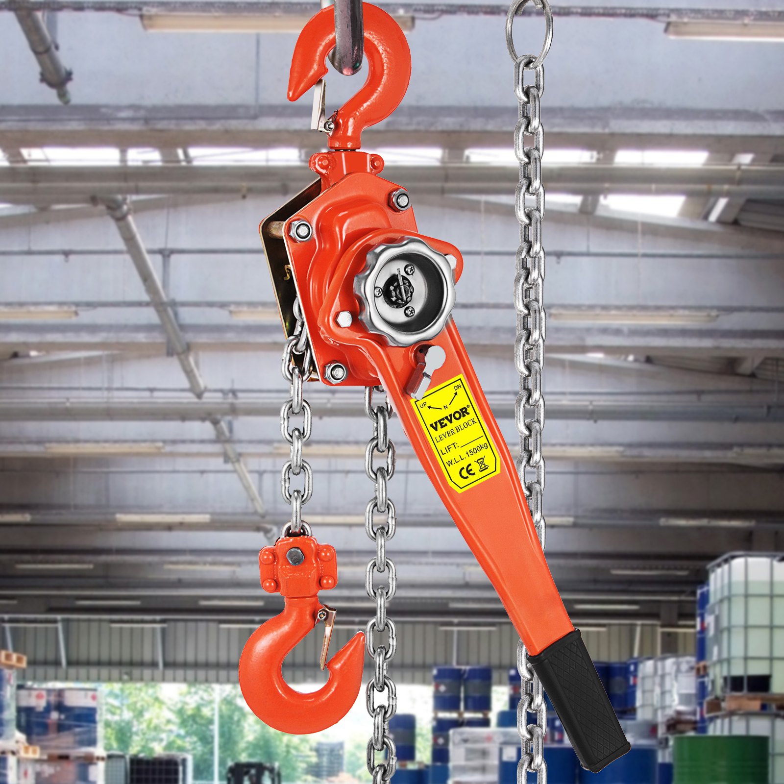 Polipasto de cadena de palanca manual VEVOR 3300 lbs, cadena de 10 pies, polipasto de cadena de trinquete de 1-1/2 toneladas, extractor de 5/16 pulgadas de diámetro, para zonas de construcción de garajes de almacén