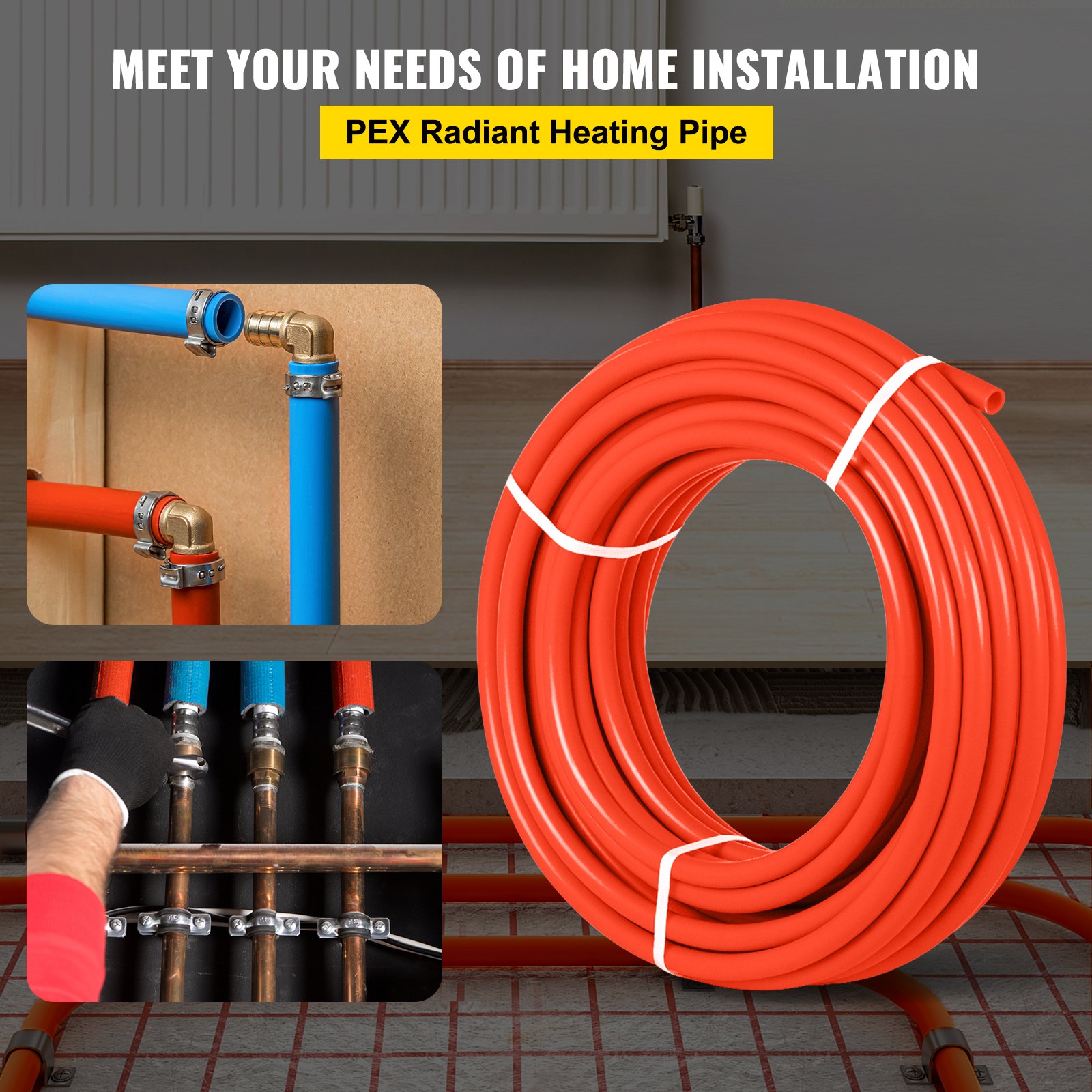Tubo pex VEVOR para instalación doméstica con conexiones y radiador de pared.