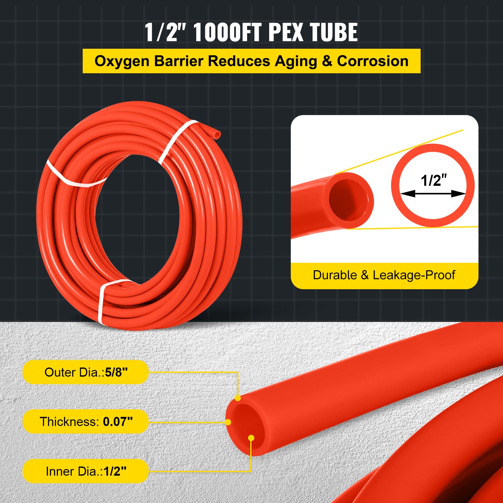 Tubo pex VEVOR, 1/2&quot;, 1000 pies con barrera de oxígeno, diseño duradero y a prueba de fugas.