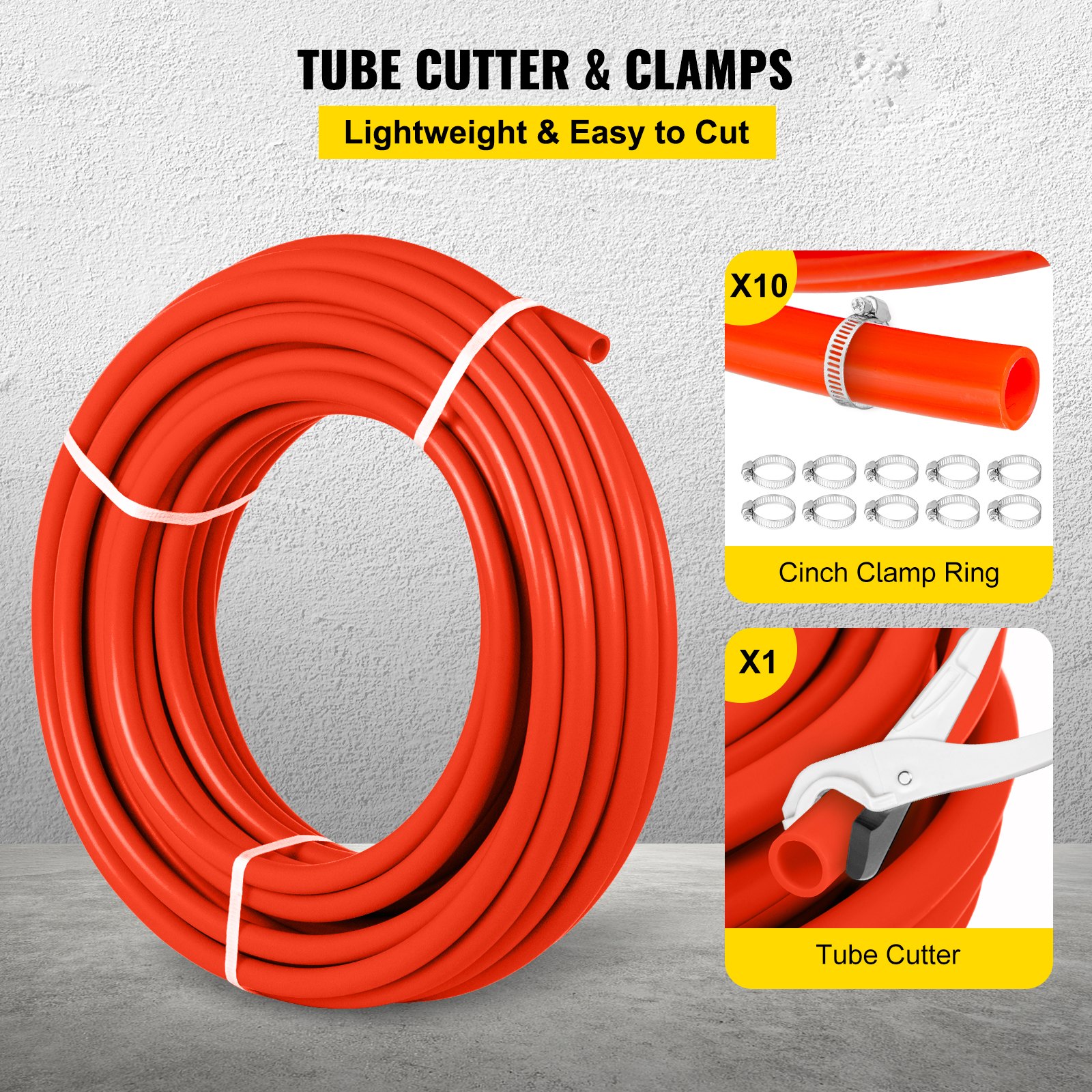 Tubo pex VEVOR con anillos de abrazadera y cortador de tubos; liviano y fácil de cortar.