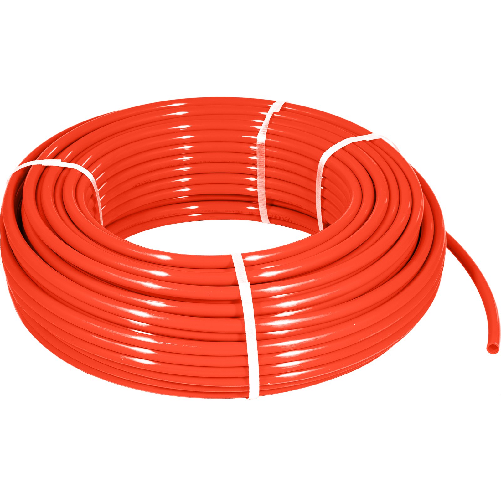 Bobina roja de tubo pex VEVOR asegurada con correas blancas.