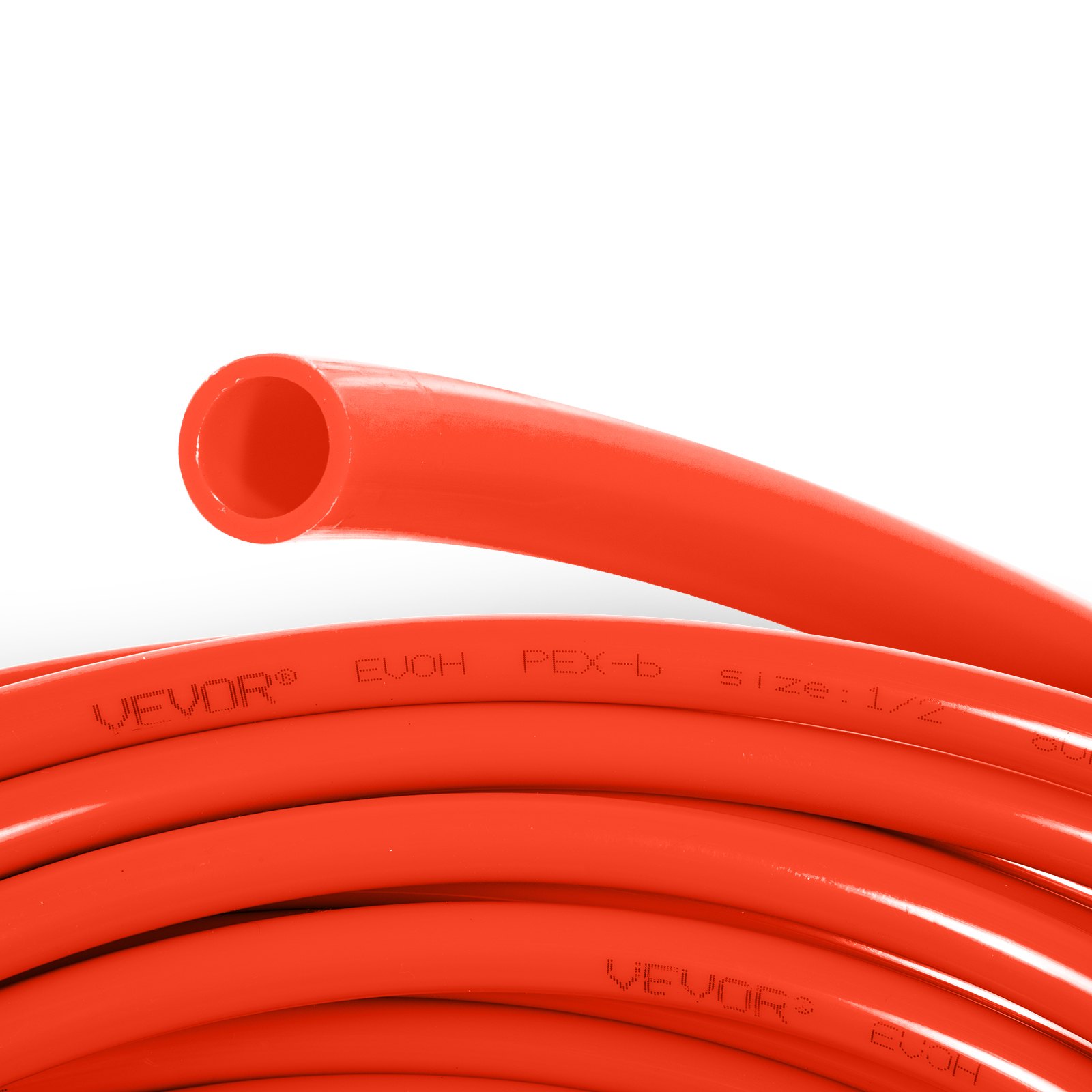 Tubo pex VEVOR enrollado en rojo con marca de tamaño visible de 1/2&quot;.