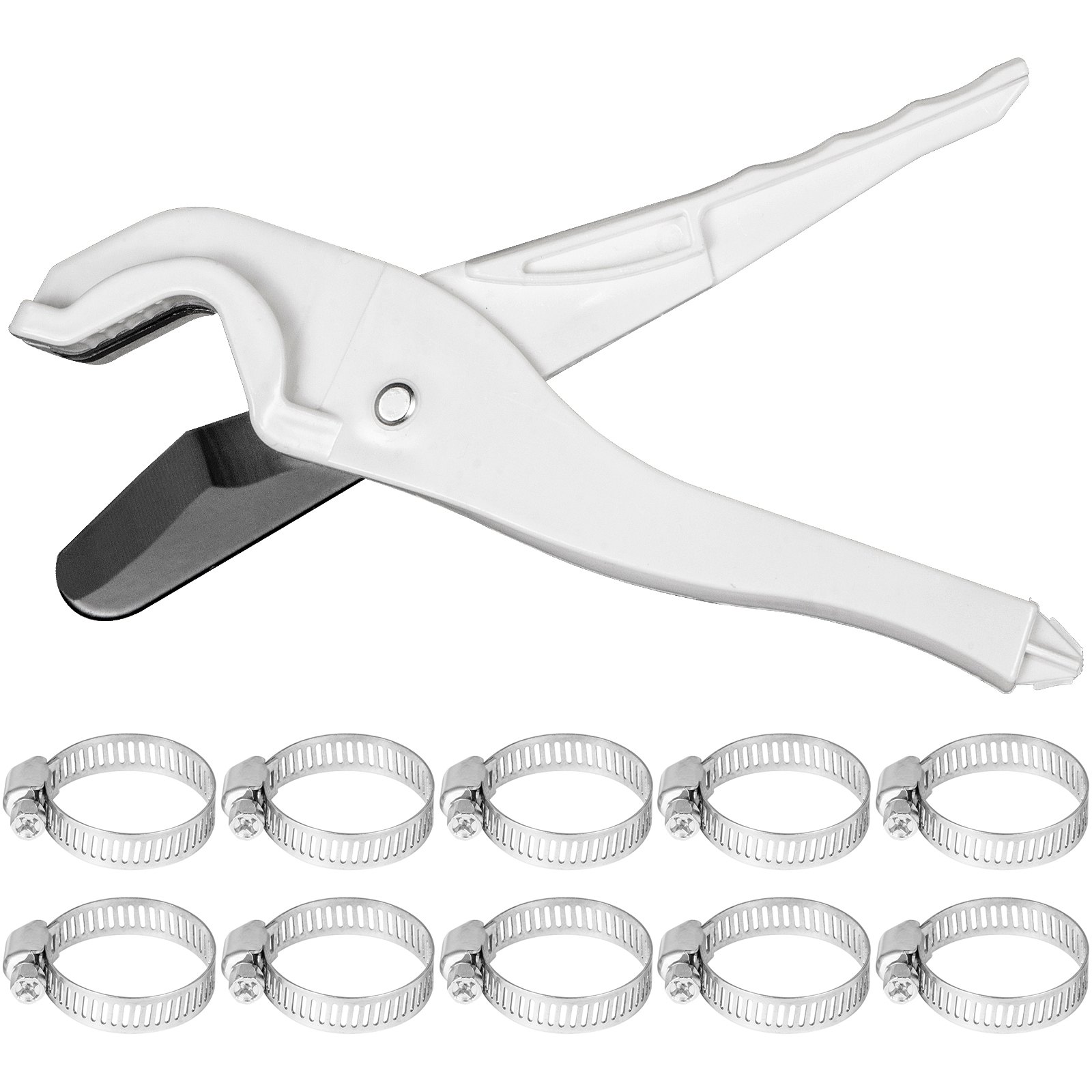 Cortador de tubos pex blanco y diez abrazaderas de manguera de metal para tubos pex VEVOR.
