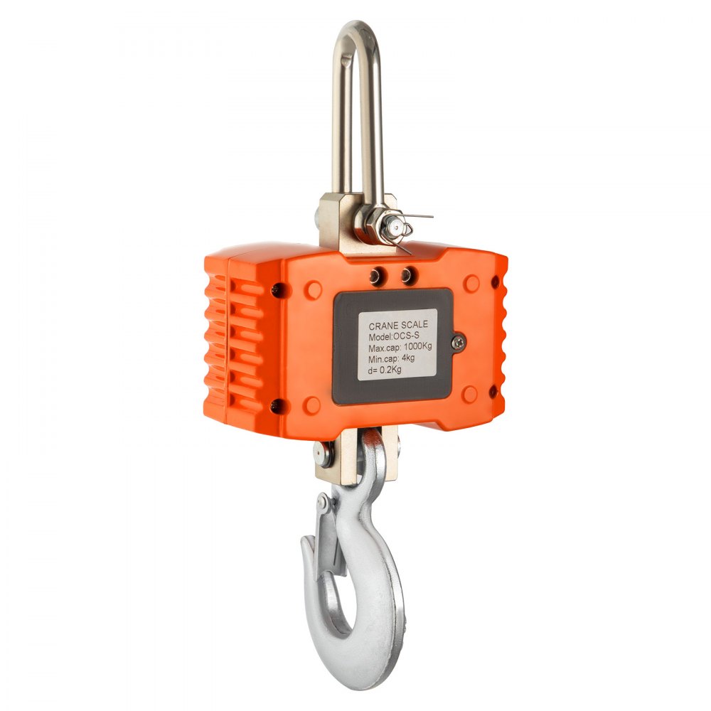 Báscula de grúa VEVOR naranja con gancho de metal, capacidad máxima 1000 kg.