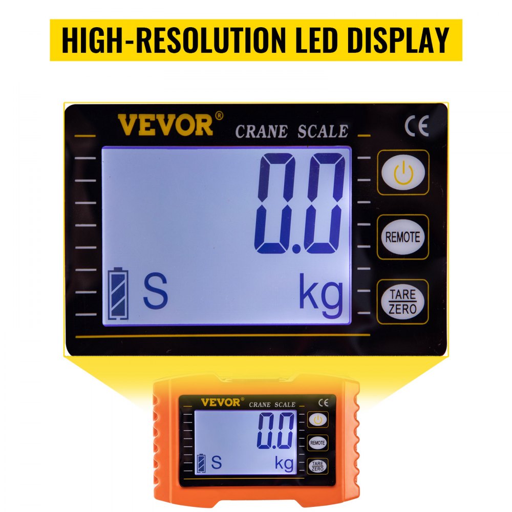 Báscula de grúa VEVOR con pantalla LED de alta resolución y botones de control.