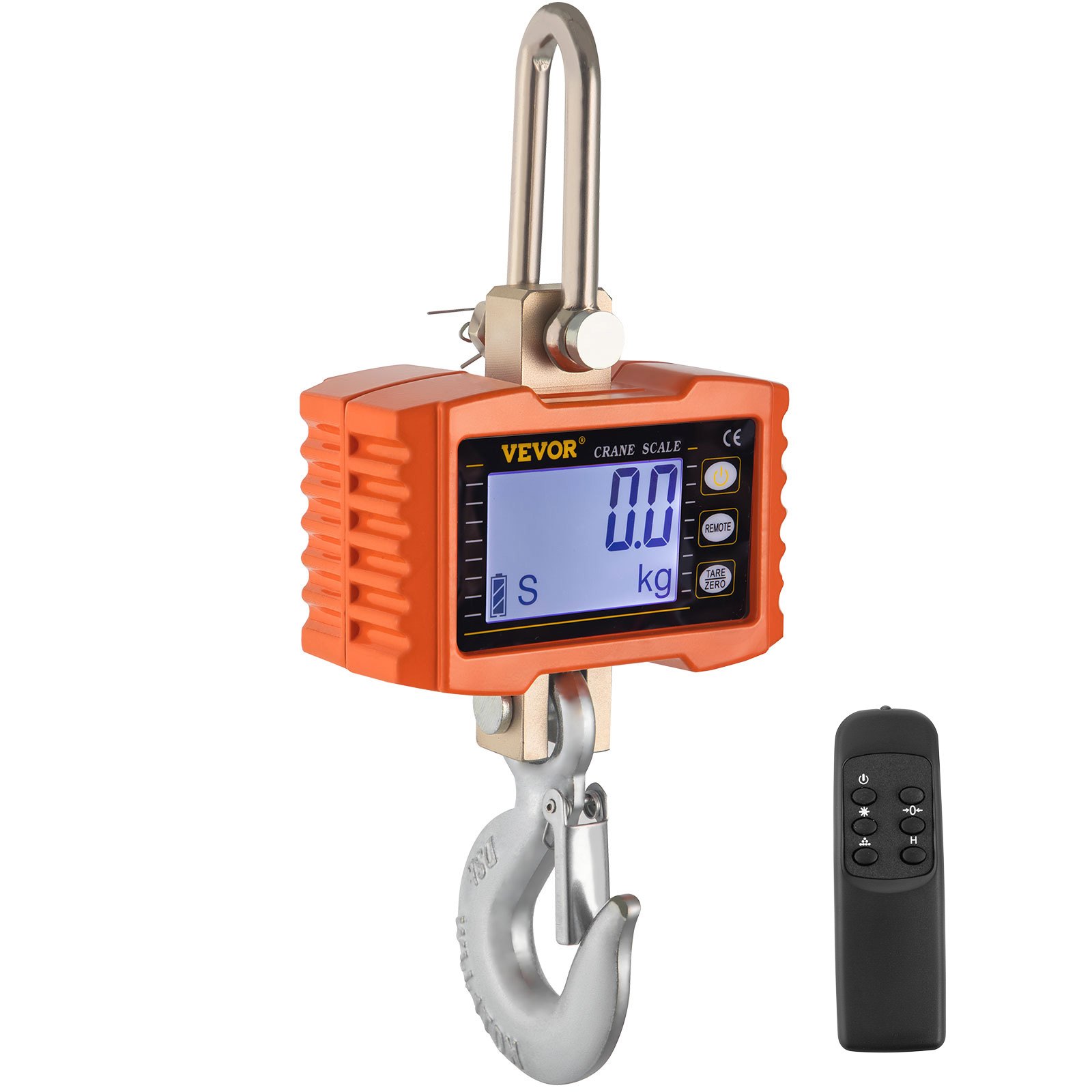 Báscula de grúa VEVOR naranja con pantalla digital y control remoto