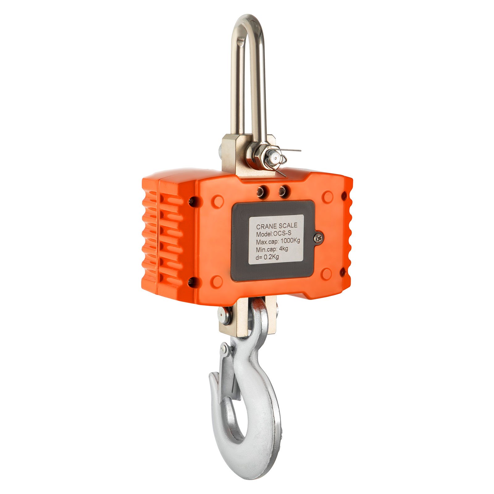 Báscula de grúa VEVOR naranja con gancho de metal, capacidad máxima 1000 kg.