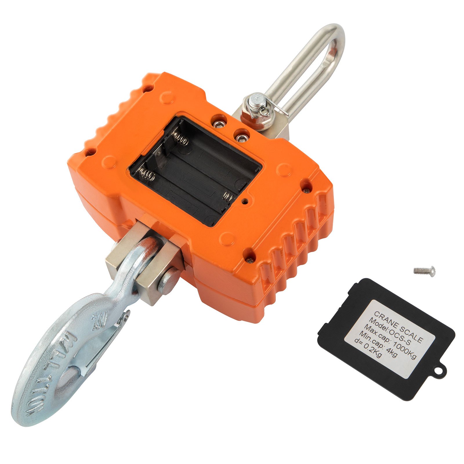 Báscula de grúa VEVOR naranja con gancho de metal y compartimento de batería desmontable.