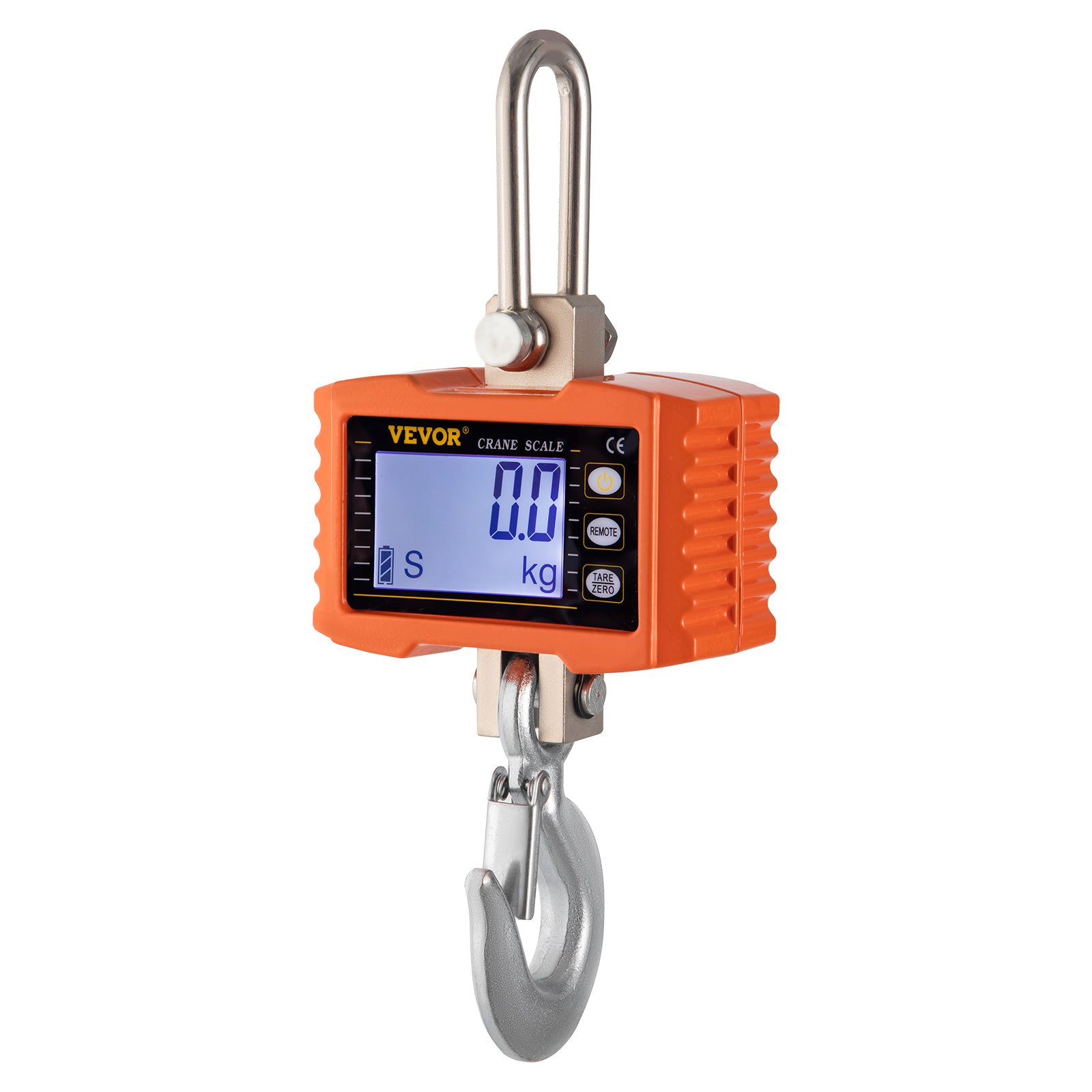 Báscula de grúa VEVOR con carcasa naranja, pantalla digital y gancho resistente.