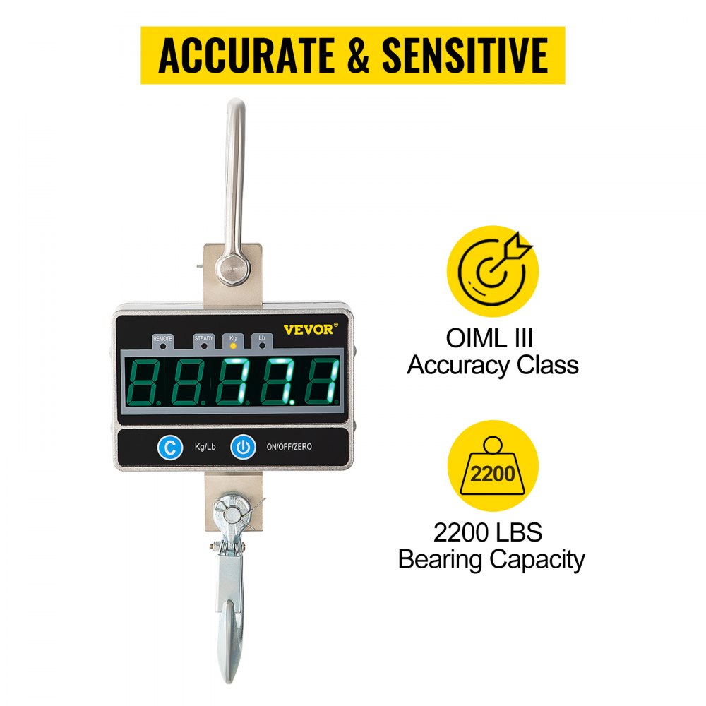 VEVOR Silver Digital Crane Scale1000KG (2200LBS) Industrial Heavy Duty Balanza colgante Pantalla LED con control remoto para caza en granja