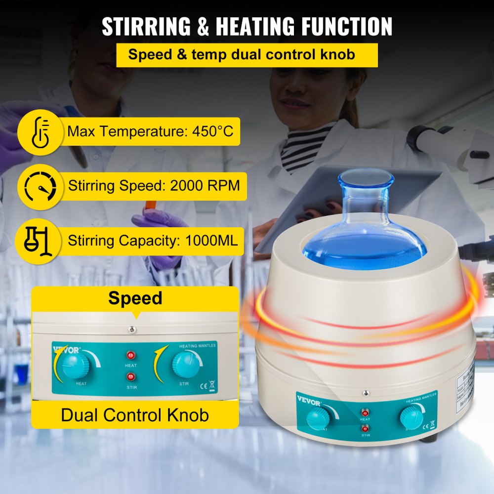 Manta calefactora VEVOR de 1000 ml con mando doble, 450 °C, 2000 rpm, configuración de laboratorio
