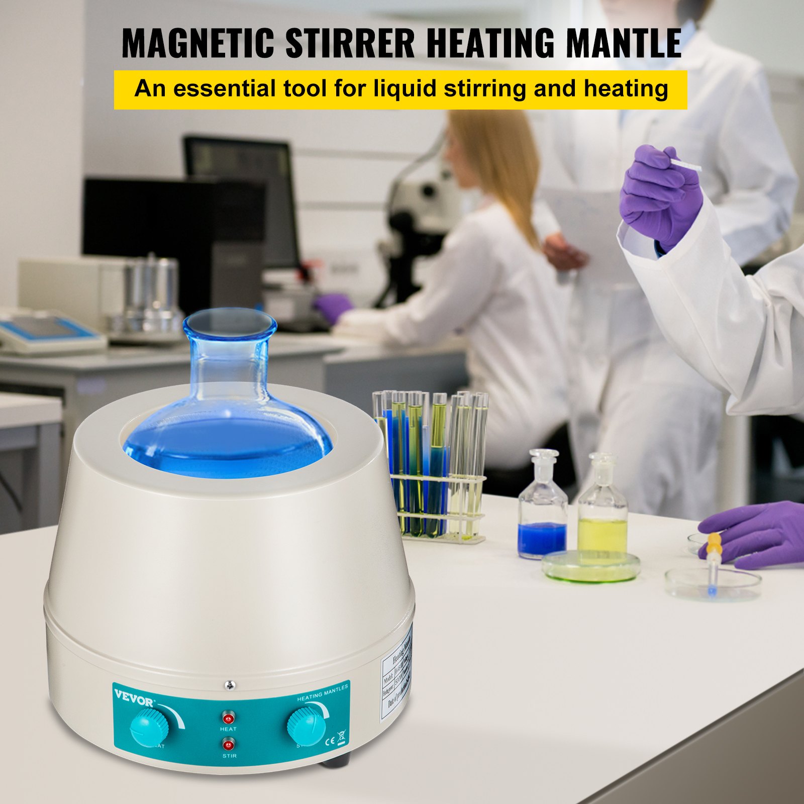 Manta calefactora VEVOR de 1000 ml en entorno de laboratorio para agitación y calentamiento de líquidos.