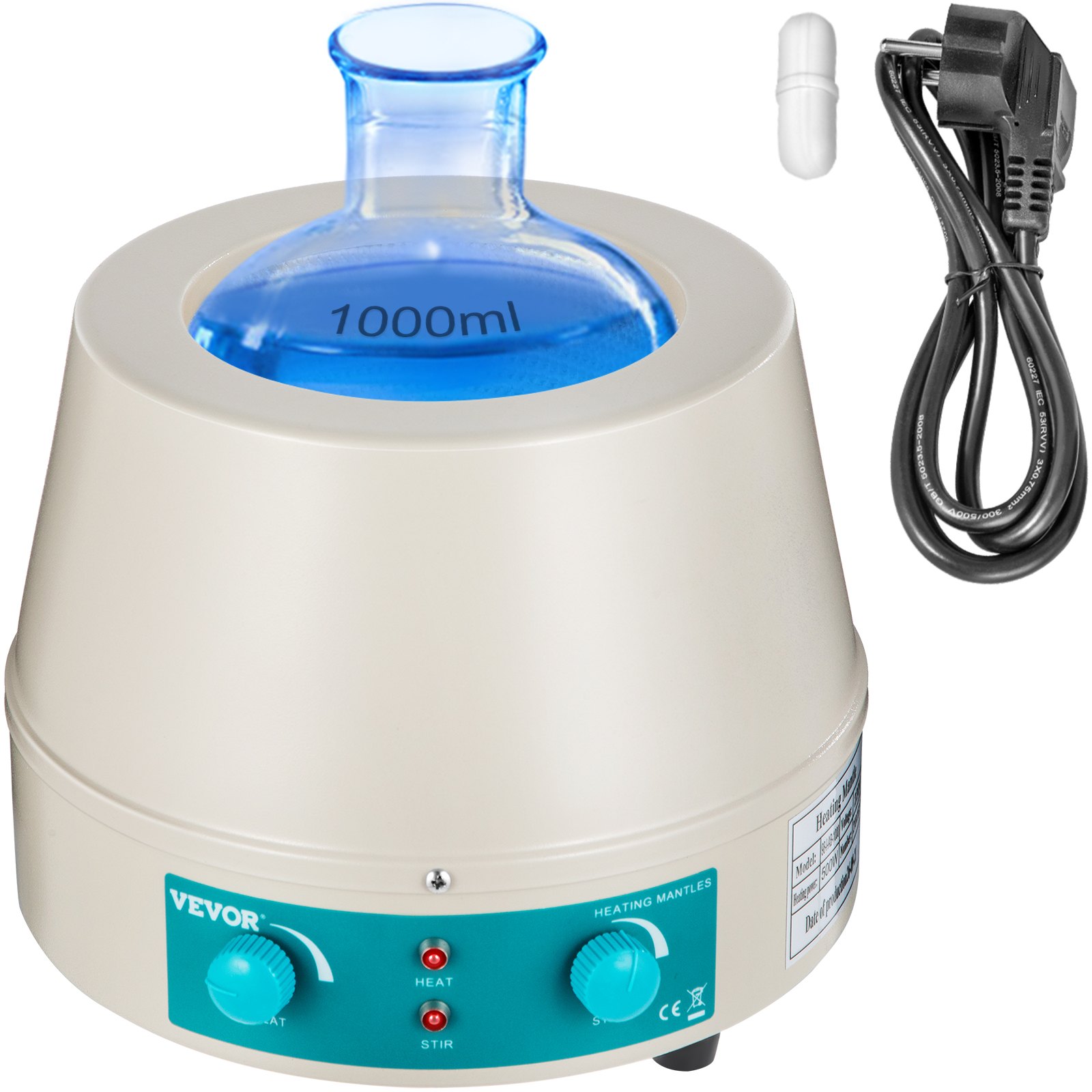Manta calefactora VEVOR de 1000 ml, frasco azul, cable de alimentación y mandos de control.
