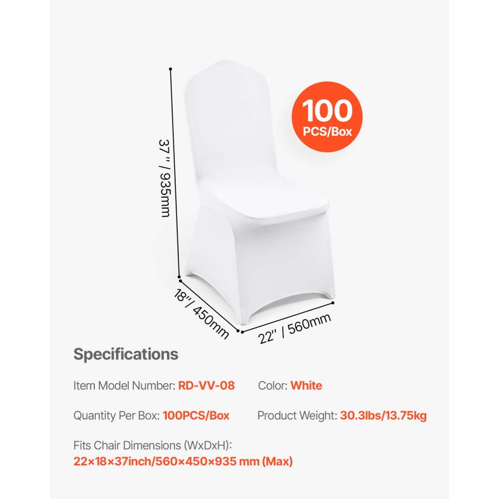 VEVOR Fundas Elasticas para Sillas 100 Piezas Fundas para Sillas 83 - 93 cm Fundas de Sillas para Bodas 94% Poliéster y 6% Elastano Blanco Limpieza Fácil para Fiestas de Cumpleaños, Bodas, Banquetes