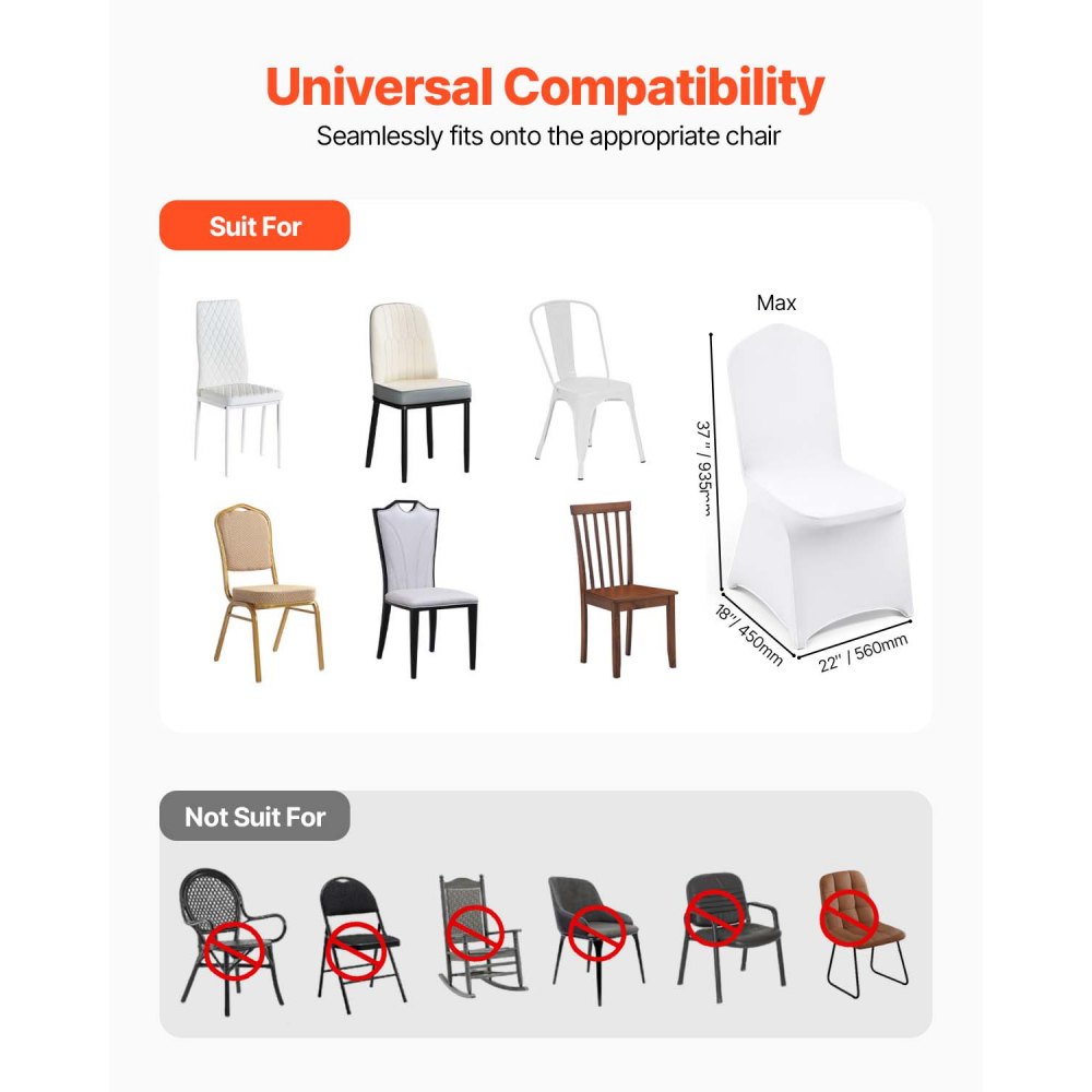 VEVOR Fundas Elasticas para Sillas 100 Piezas Fundas para Sillas 83 - 93 cm Fundas de Sillas para Bodas 94% Poliéster y 6% Elastano Blanco Limpieza Fácil para Fiestas de Cumpleaños, Bodas, Banquetes
