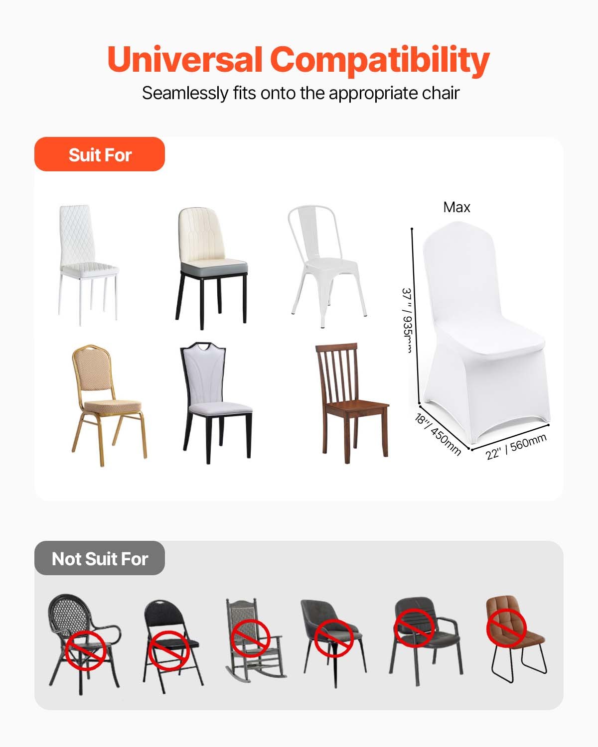 VEVOR Fundas Elasticas para Sillas 100 Piezas Fundas para Sillas 83 - 93 cm Fundas de Sillas para Bodas 94% Poliéster y 6% Elastano Blanco Limpieza Fácil para Fiestas de Cumpleaños, Bodas, Banquetes