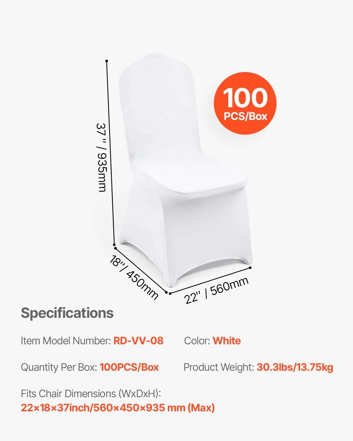 VEVOR Fundas Elasticas para Sillas 100 Piezas Fundas para Sillas 83 - 93 cm Fundas de Sillas para Bodas 94% Poliéster y 6% Elastano Blanco Limpieza Fácil para Fiestas de Cumpleaños, Bodas, Banquetes