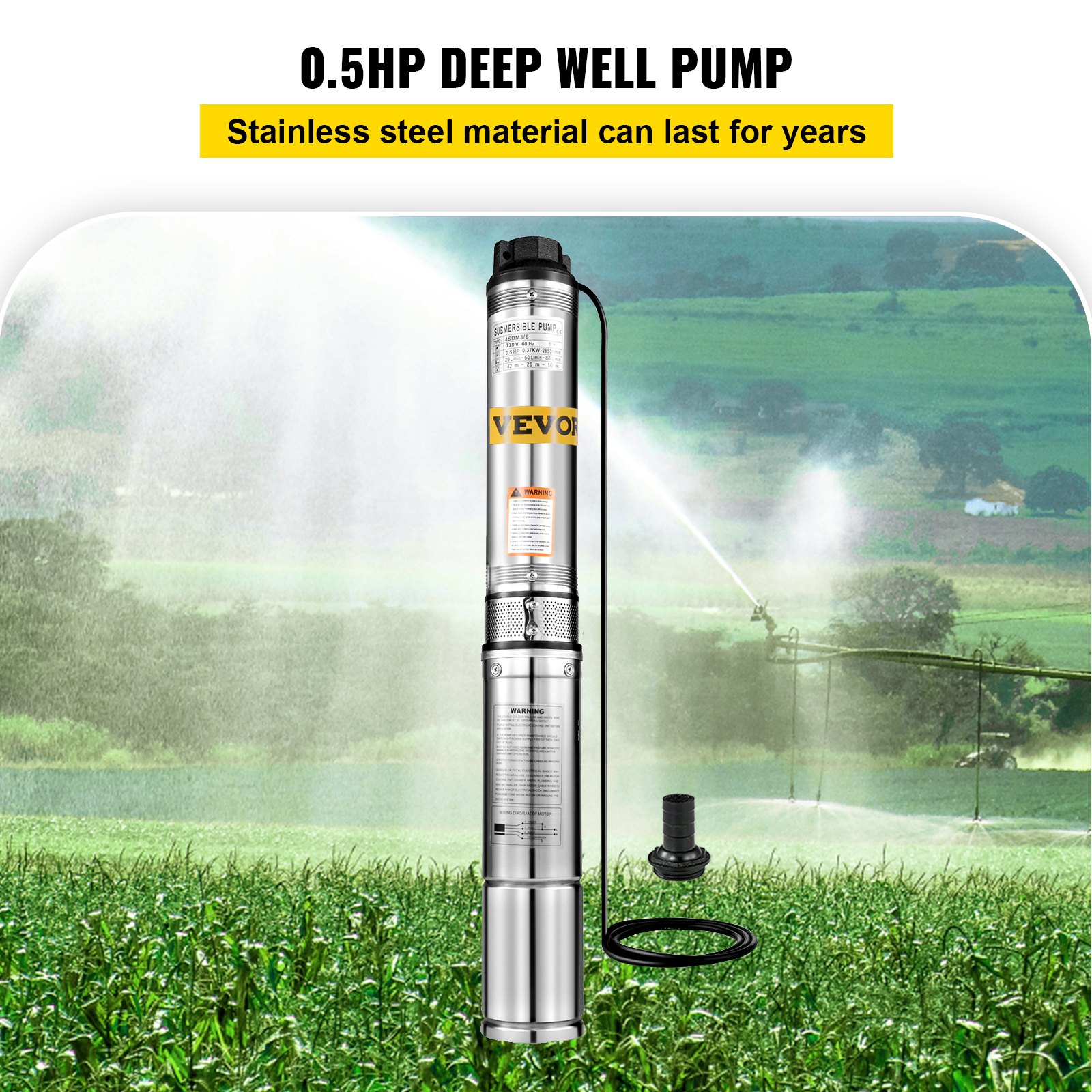 VEVOR Bomba Sumergible para Pozos Profundo de Acero Inoxidable 0,5 HP 164 Pies 25,5 GPM con Caja de Control, Bomba de Agua con Cable de Conexión, Bomba para Pozos 0,37 KW 2850 rpm Altura de 32 m