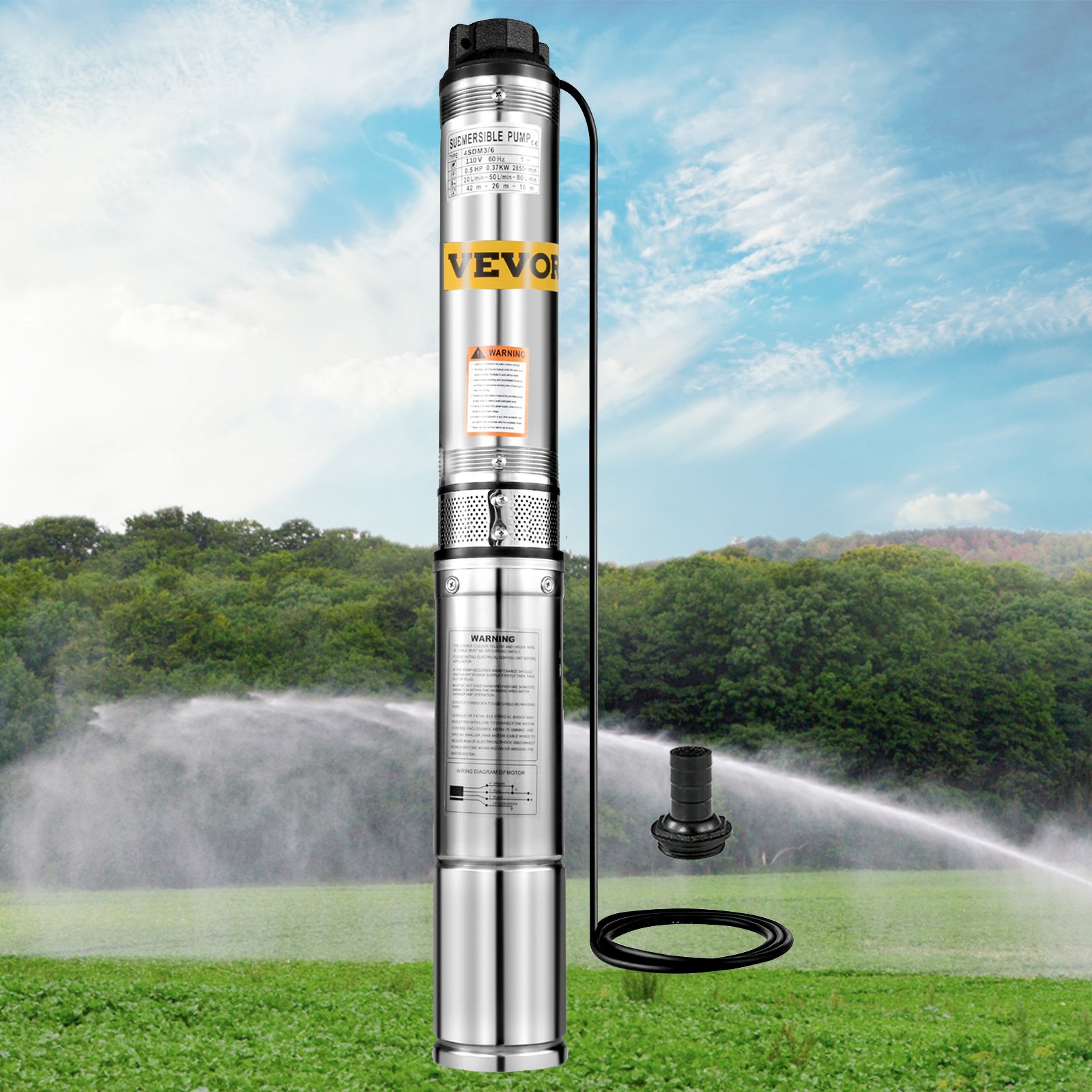 VEVOR Bomba Sumergible para Pozos Profundo de Acero Inoxidable 0,5 HP 164 Pies 25,5 GPM con Caja de Control, Bomba de Agua con Cable de Conexión, Bomba para Pozos 0,37 KW 2850 rpm Altura de 32 m