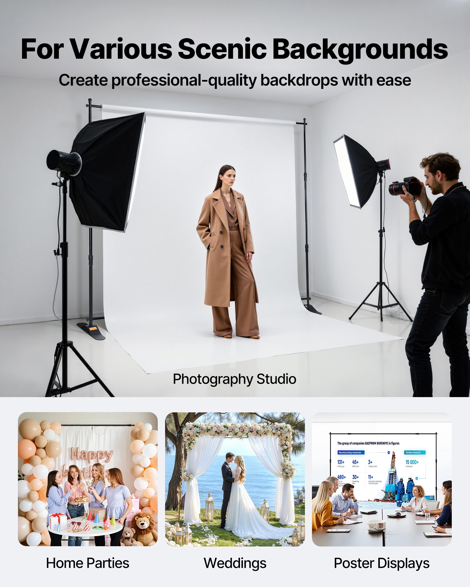 VEVOR Soporte para Fondos de Fotografía, Anchura Ajustable 66 "- 120", Soporte de Banner para Telón de Fondo con Altura 37 "- 96" Negro para Feria Comercial Ligero Telescópico Ajustable Expositor