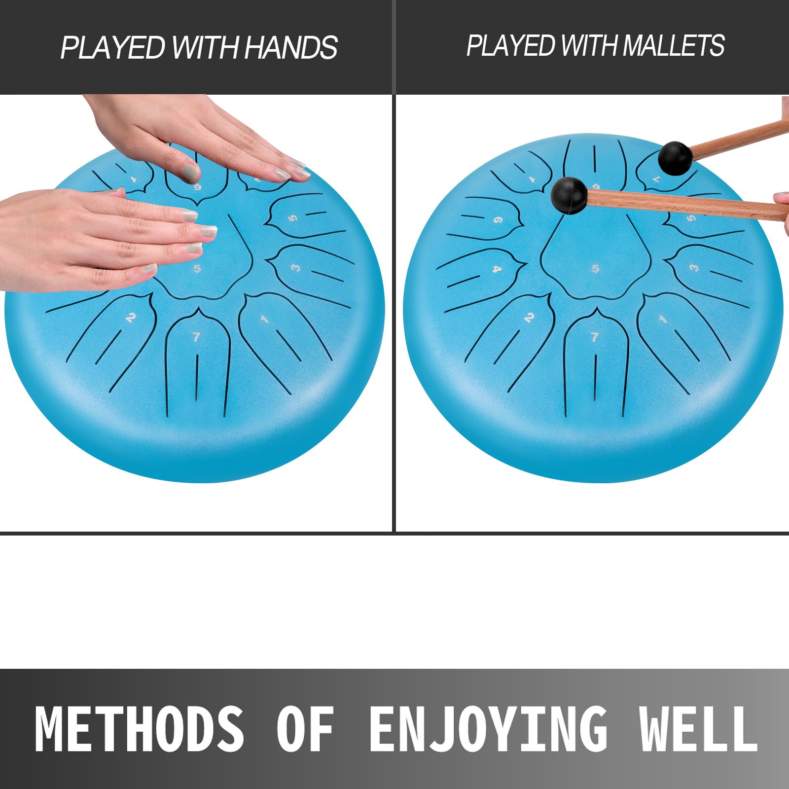 Tambor de lengüeta de acero VEVOR 11 notas 10 pulgadas de diámetro Tambor de lengüeta Azul cielo Handpan Tambor Notas Instrumento de percusión Tambores de acero Instrumentos con bolsa, libro, mazos, soporte de mazo