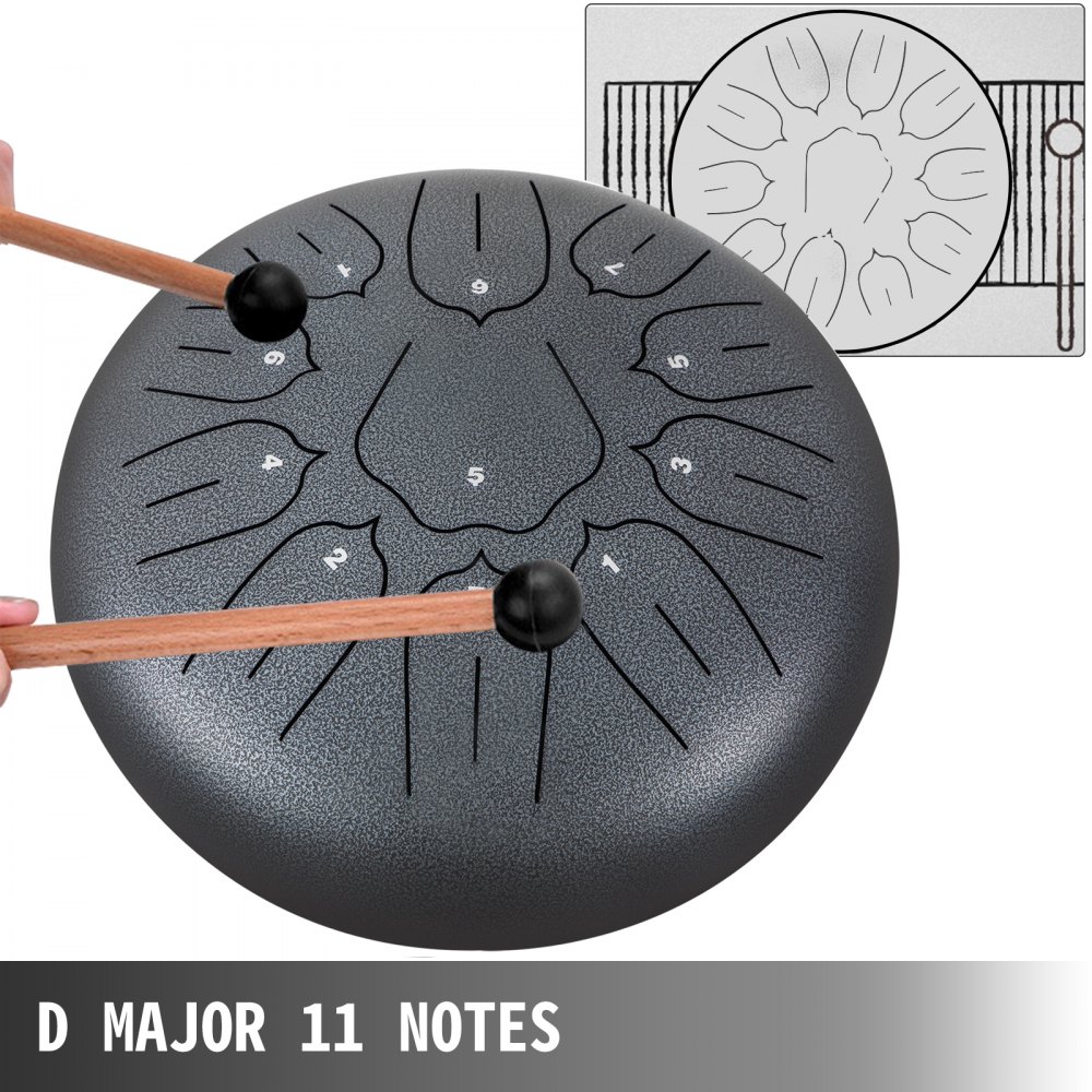 Tambor de lengüetas de acero VEVOR de 11 notas y 10 pulgadas de diámetro, color pistola, instrumento de percusión con notas de tambor handpan, incluye funda, libro, mazos y soporte para mazos.