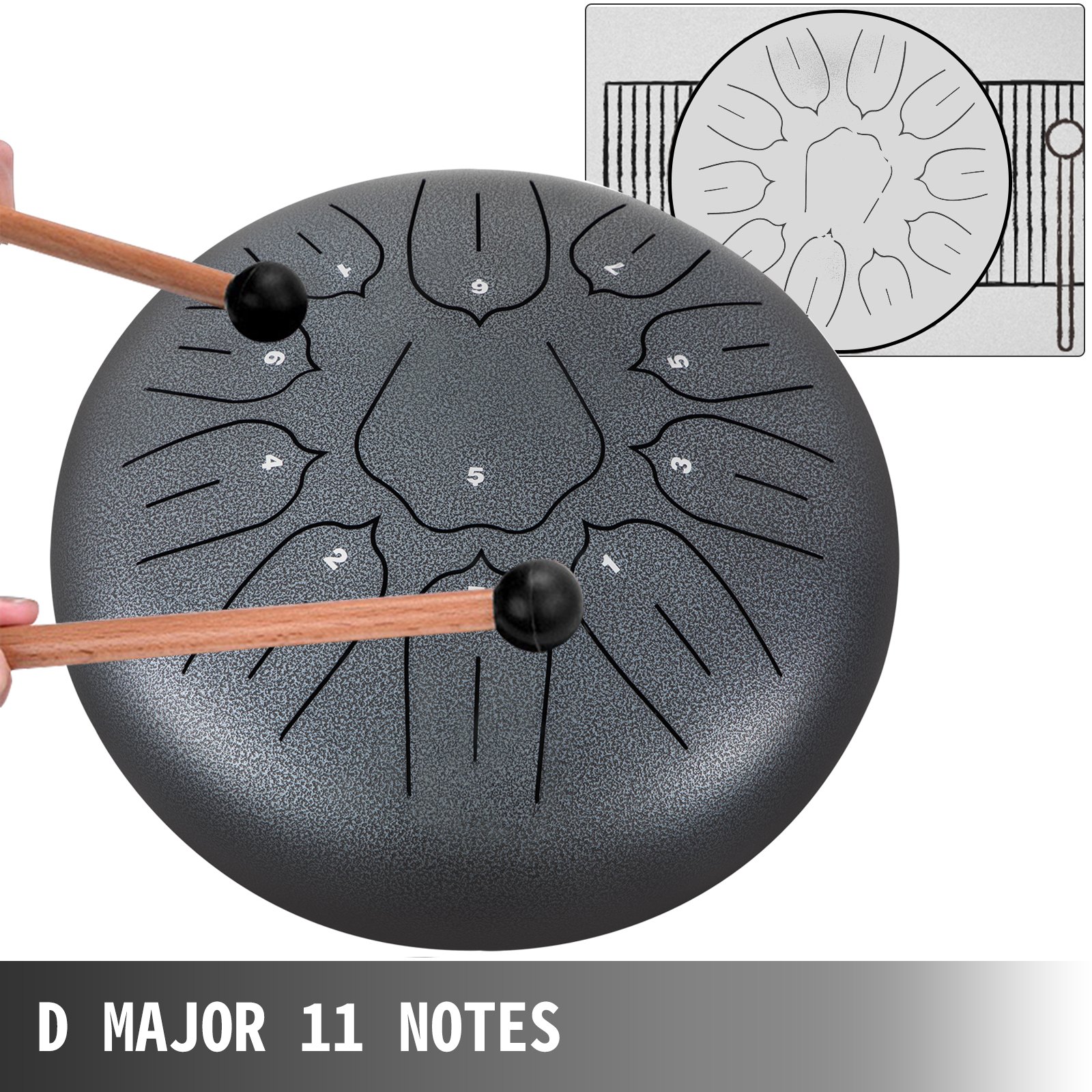 Tambor de lengüetas de acero VEVOR de 11 notas y 10 pulgadas de diámetro, color pistola, instrumento de percusión con notas de tambor handpan, incluye funda, libro, mazos y soporte para mazos.