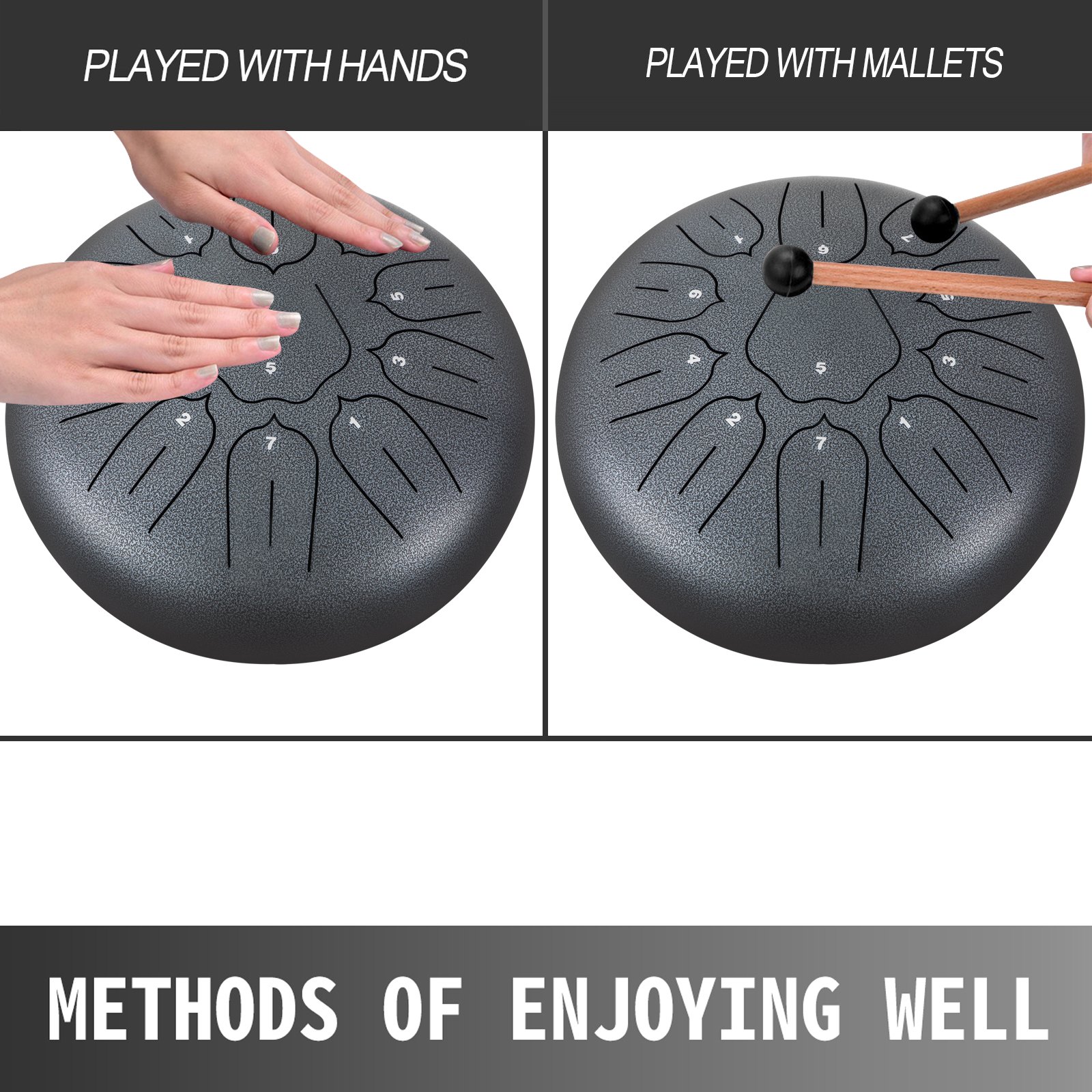 Tambor de lengüetas de acero VEVOR de 11 notas y 10 pulgadas de diámetro, color pistola, instrumento de percusión con notas de tambor handpan, incluye funda, libro, mazos y soporte para mazos.