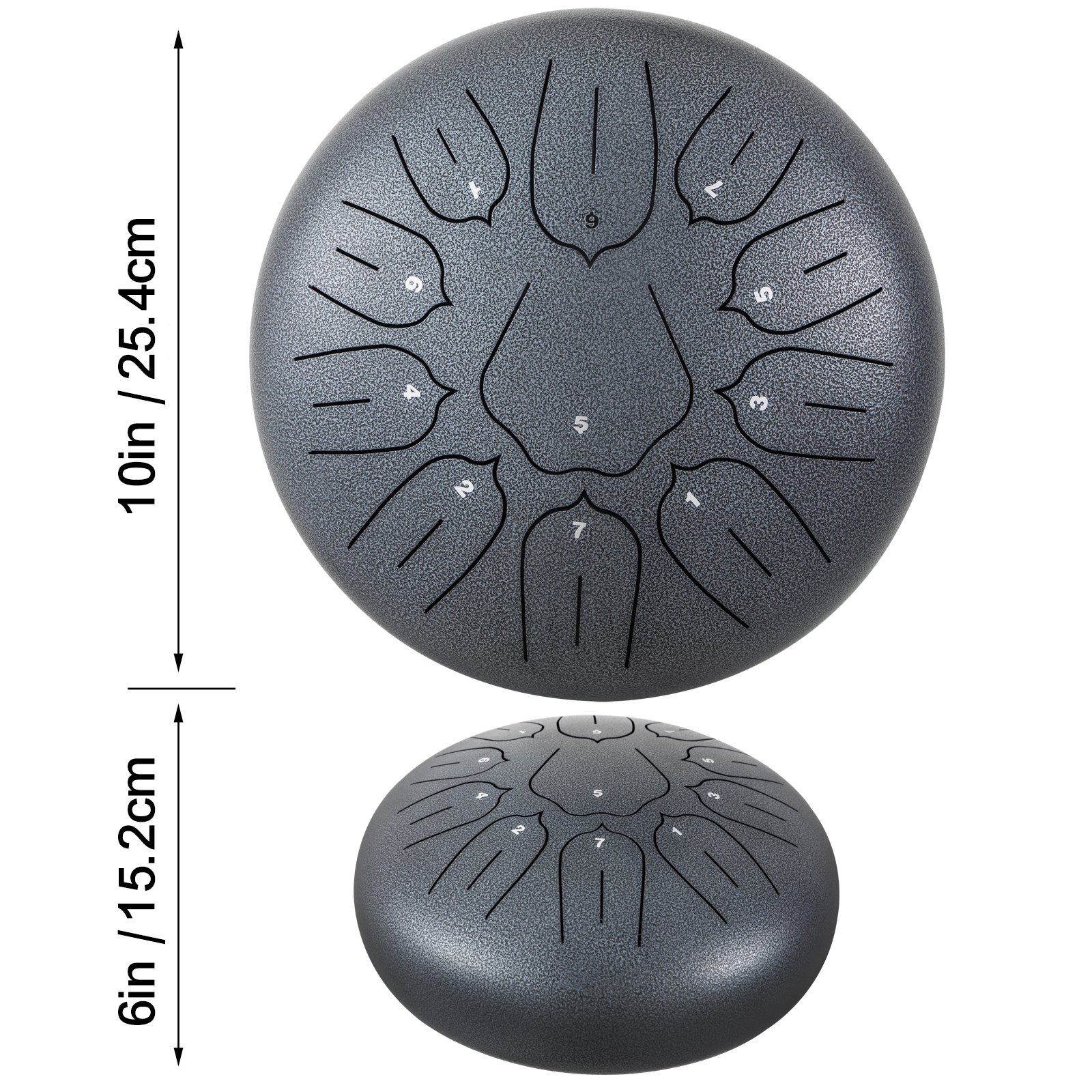 Tambor de lengüetas de acero VEVOR de 11 notas y 10 pulgadas de diámetro, color pistola, instrumento de percusión con notas de tambor handpan, incluye funda, libro, mazos y soporte para mazos.