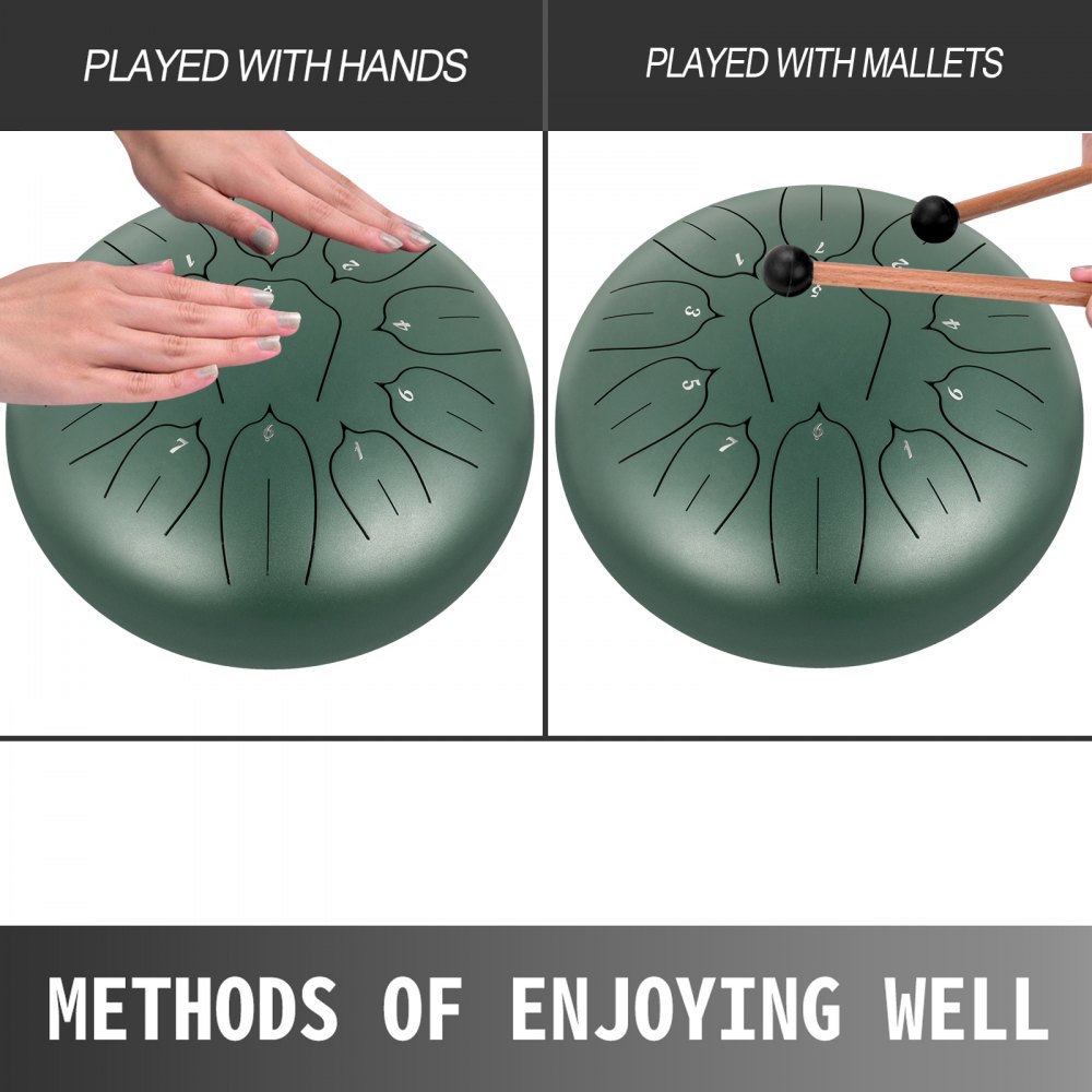 Tambor de lengüetas de acero VEVOR de 11 notas y 10 pulgadas de diámetro, color verde mineral, instrumento de percusión con notas, incluye funda, libro, mazos y soporte.