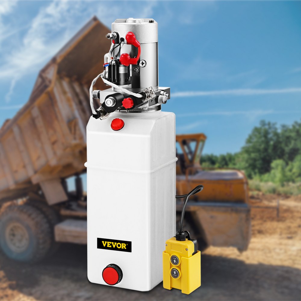 Bomba hidráulica VEVOR Unidad de potencia hidráulica de 10 cuartos de galón Bomba hidráulica de doble acción Unidad de potencia de plástico para remolque volquete Elevación de automóviles 12 V CC (bomba hidráulica de plástico de doble acción)