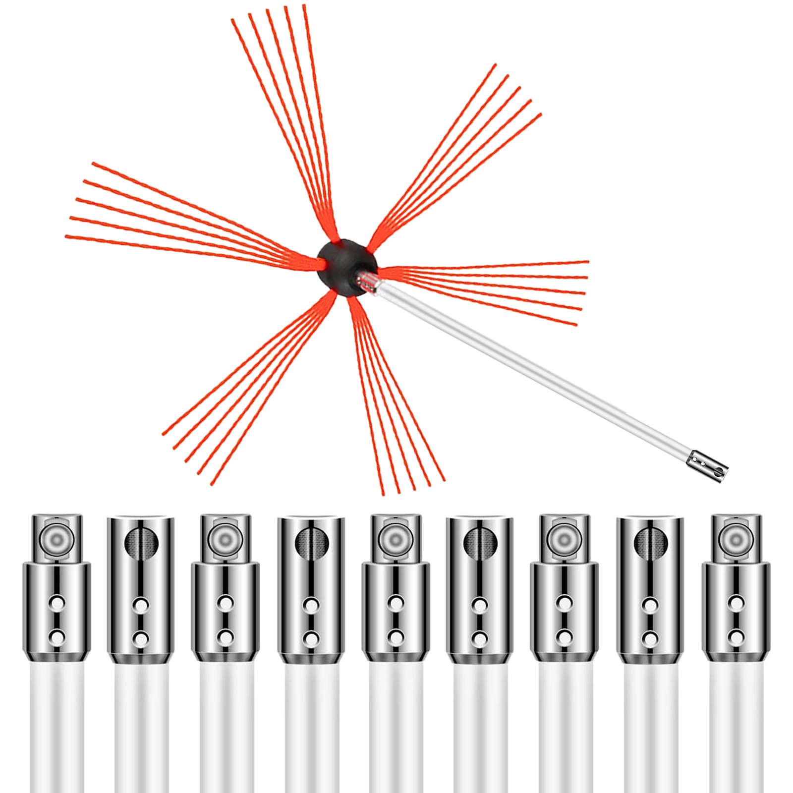 VEVOR Kit de barrido de chimenea de 33 pies de longitud, kit de herramientas de limpieza de chimenea con 10 varillas flexibles de nailon, kit de cepillo de chimenea impulsado por taladro para chimenea de barrido